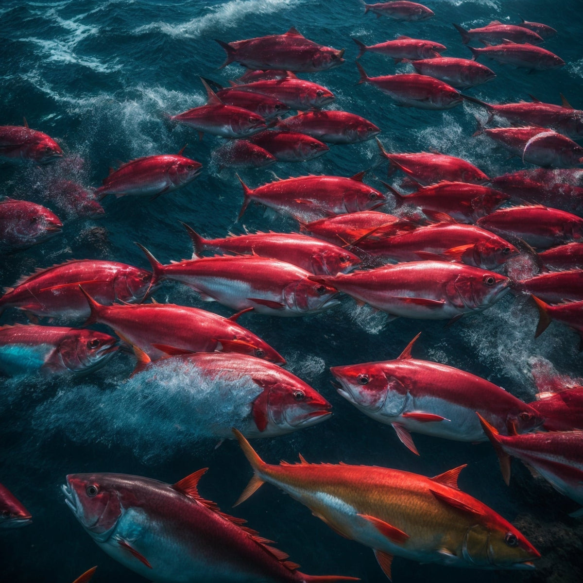 A massive Atlantic bluefin tuna breaching the surface of the North Atlantic — one of the ocean's apex predators and the most prized fish in the world of fine dining