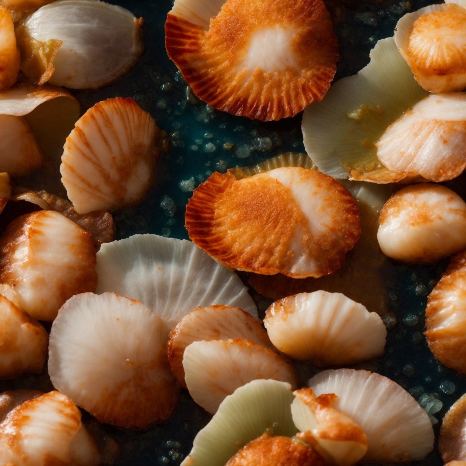 Fresh jumbo sea scallops on ice at a fish market, showcasing their natural ivory color and premium quality