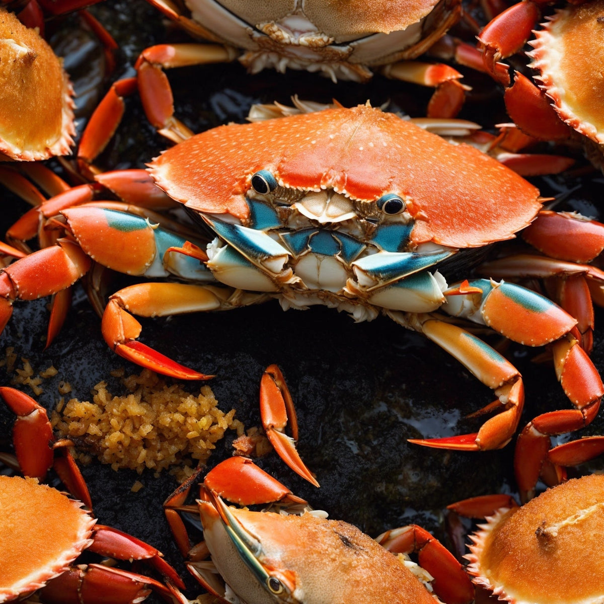 Fresh Dungeness crab clusters steamed and served with melted garlic butter, lemon wedges, and fresh herbs on a wooden board