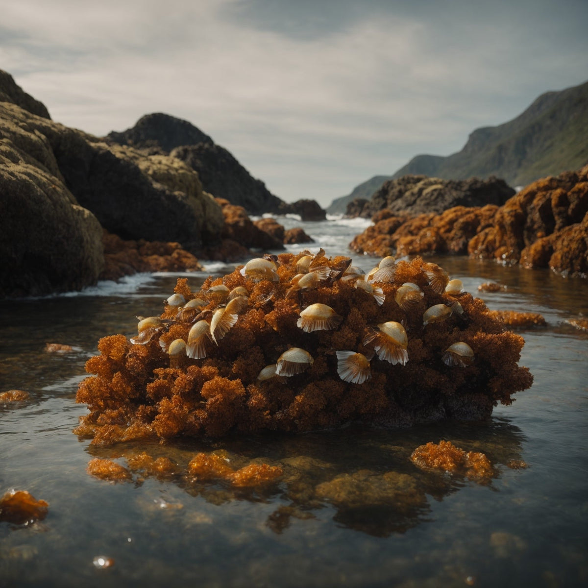 Percebeiro harvesting gooseneck barnacles by hand from wave-swept rocks on the Galician coast of Spain