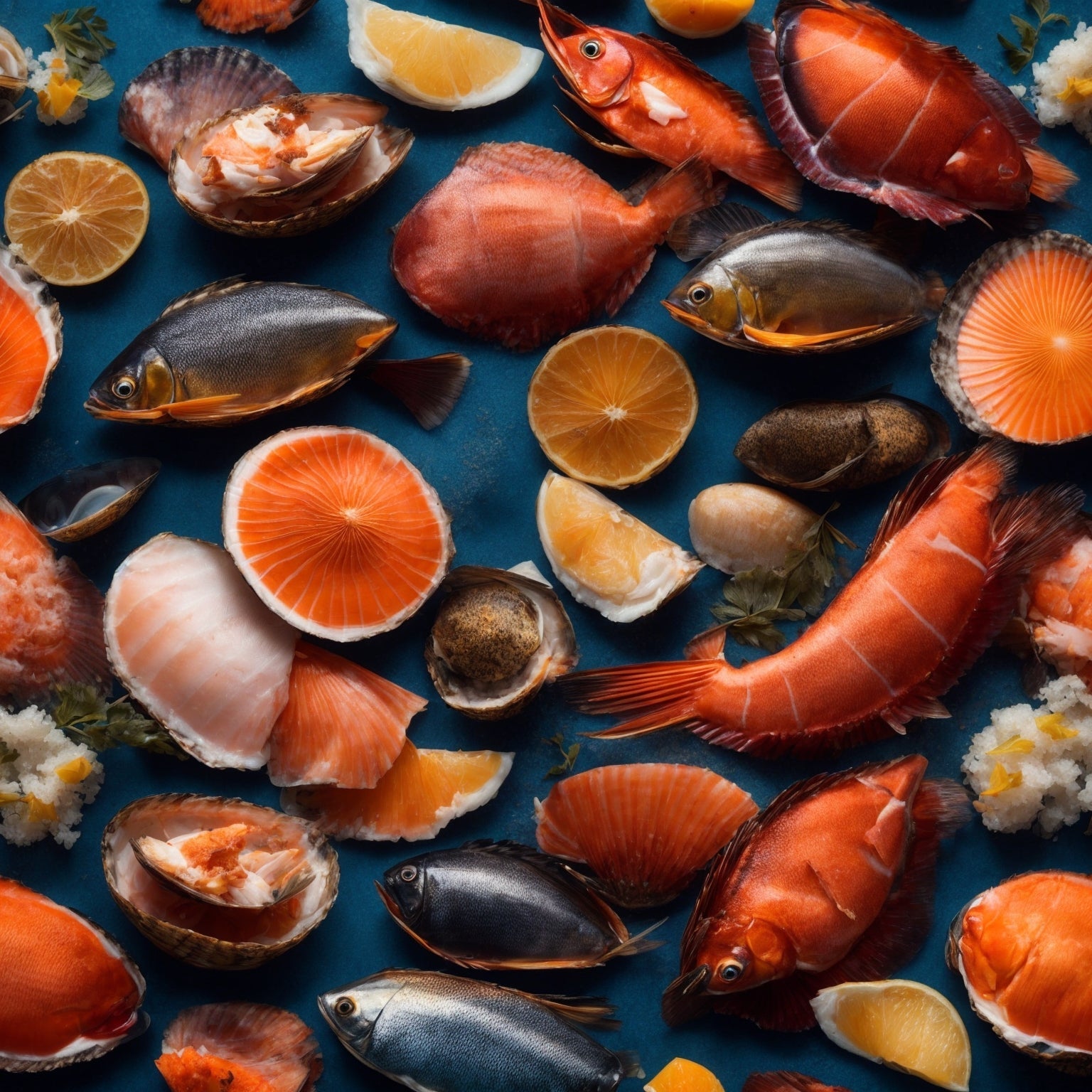 A premium shellfish assortment on ice — fresh clams, mussels, scallops, and geoduck arranged together — showcasing the variety and freshness of Global Seafoods' shellfish collection