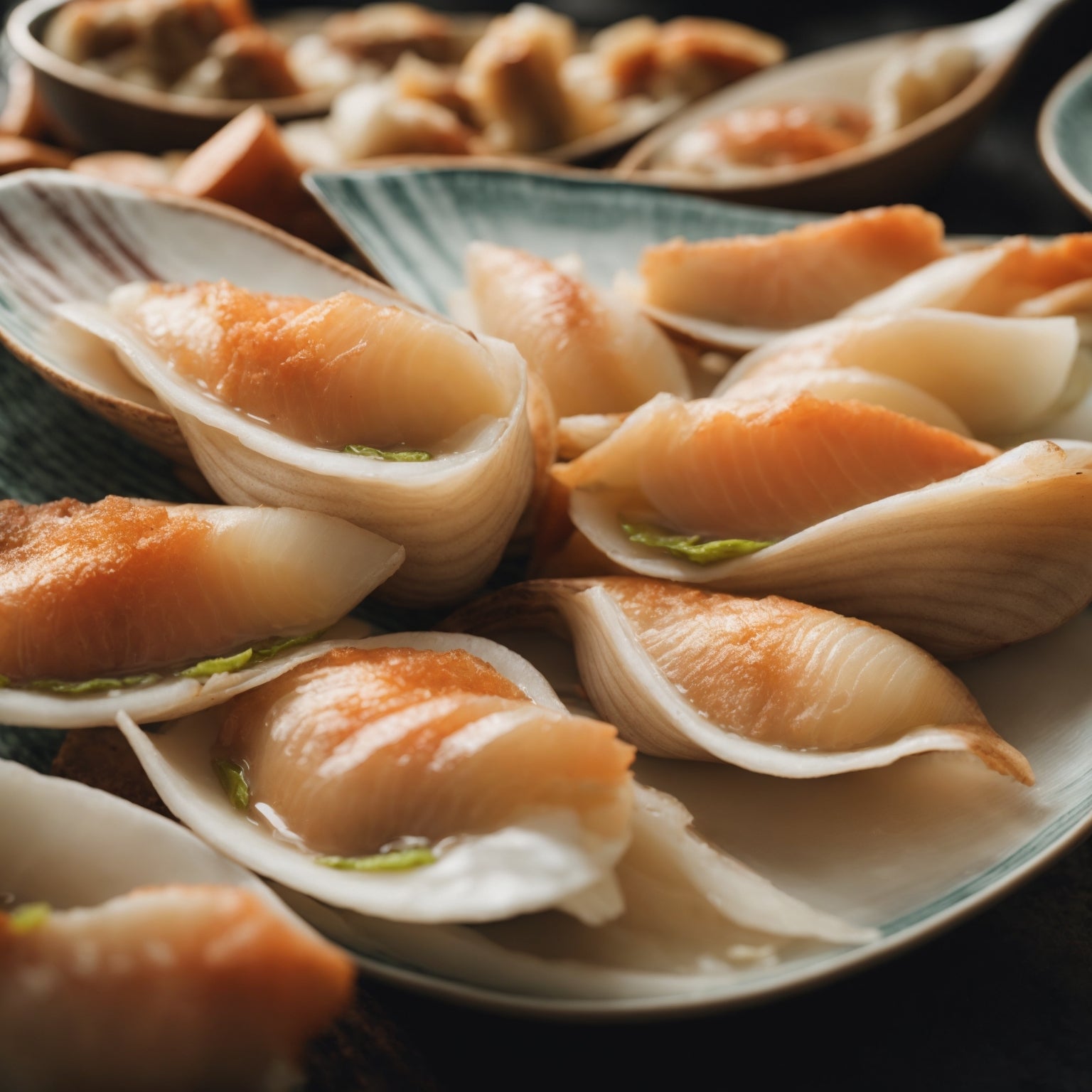 Fresh geoduck clam being prepared for sashimi – thinly sliced siphon meat served with soy sauce, wasabi, and ponzu on a Japanese ceramic plate