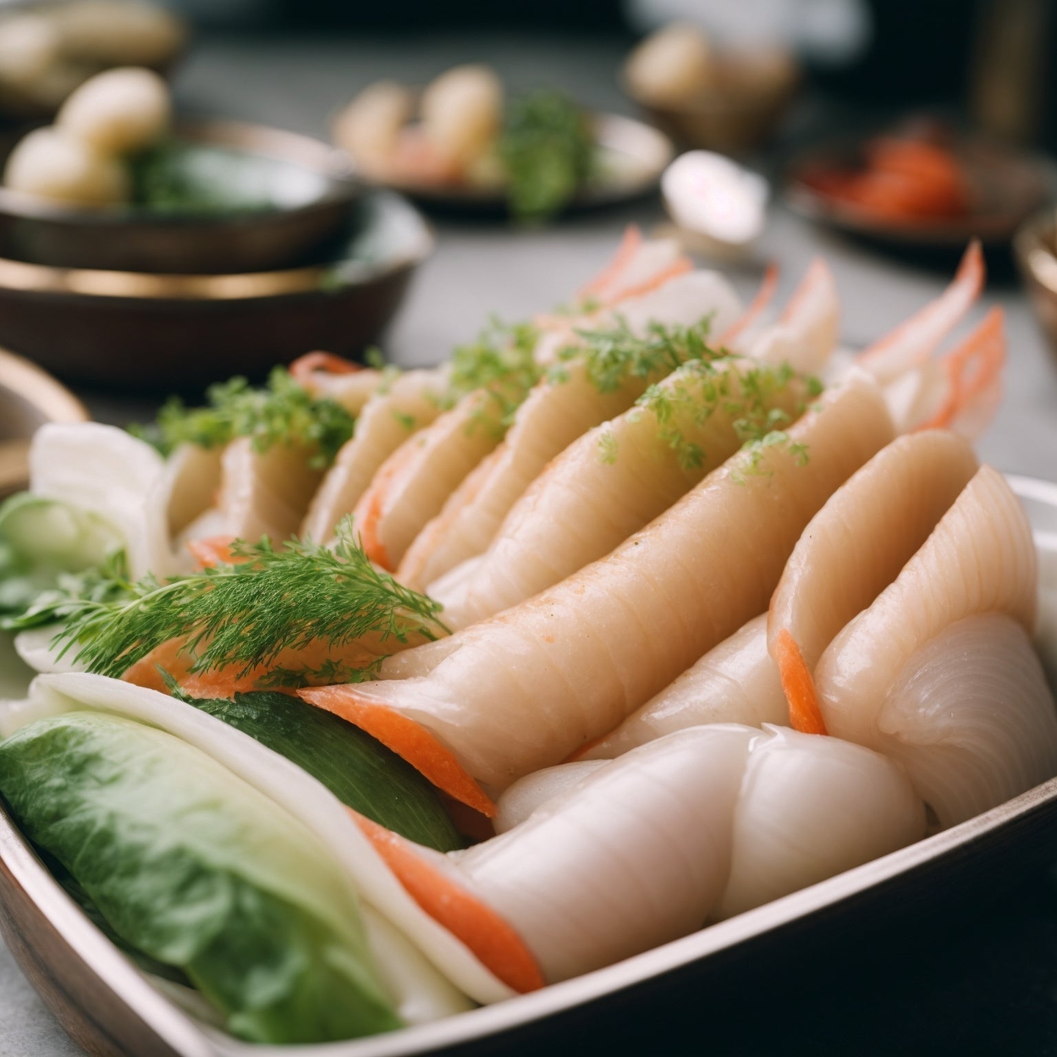 Five geoduck dishes arranged on a table: mirugai sashimi, Chinese hot pot with thinly sliced geoduck, Korean spicy stir-fry, Peruvian ceviche, and Pacific Northwest chowder