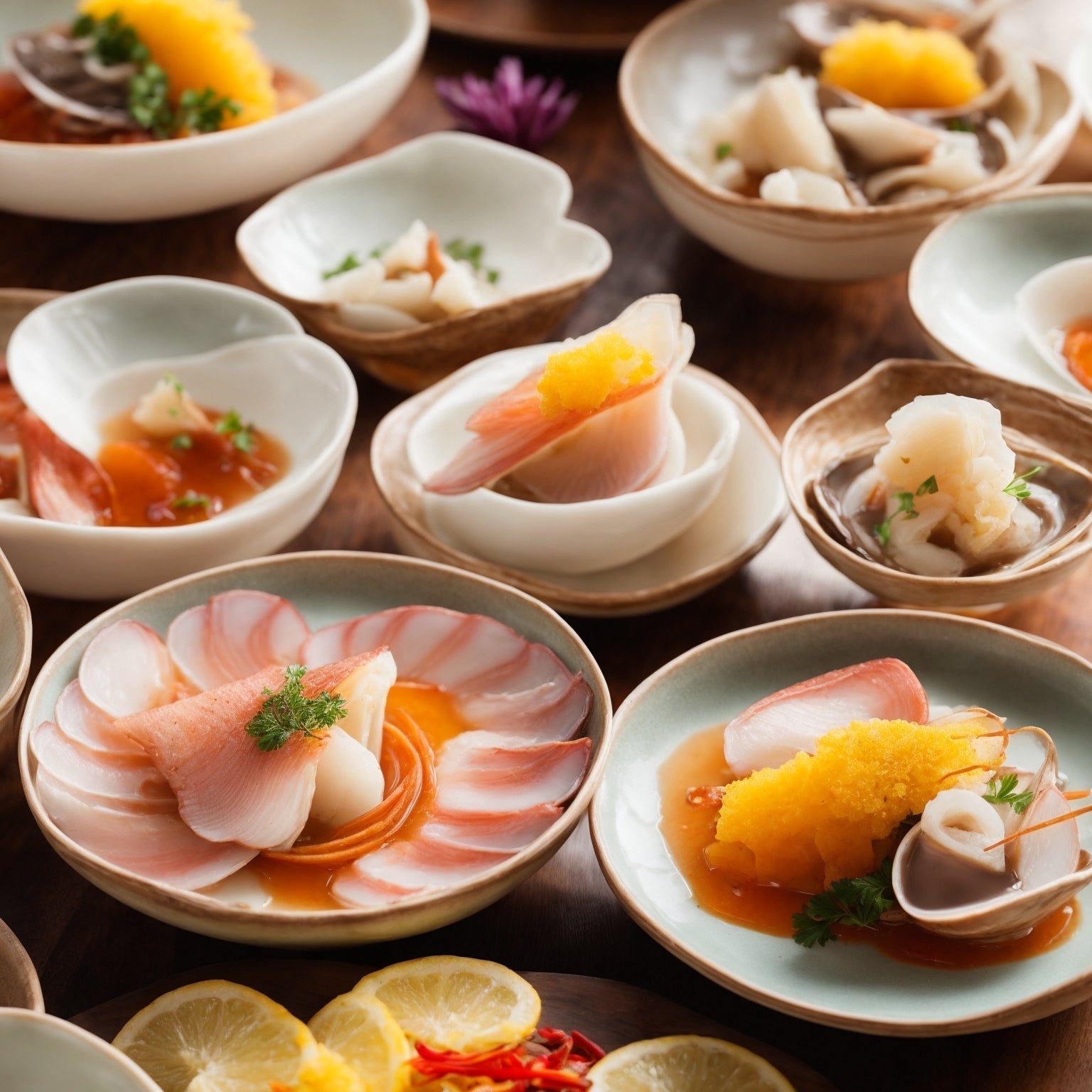 A global spread of geoduck dishes including Japanese sashimi, Pacific Northwest chowder, Chinese stir-fry, and Peruvian ceviche showcasing the clam’s worldwide culinary appeal