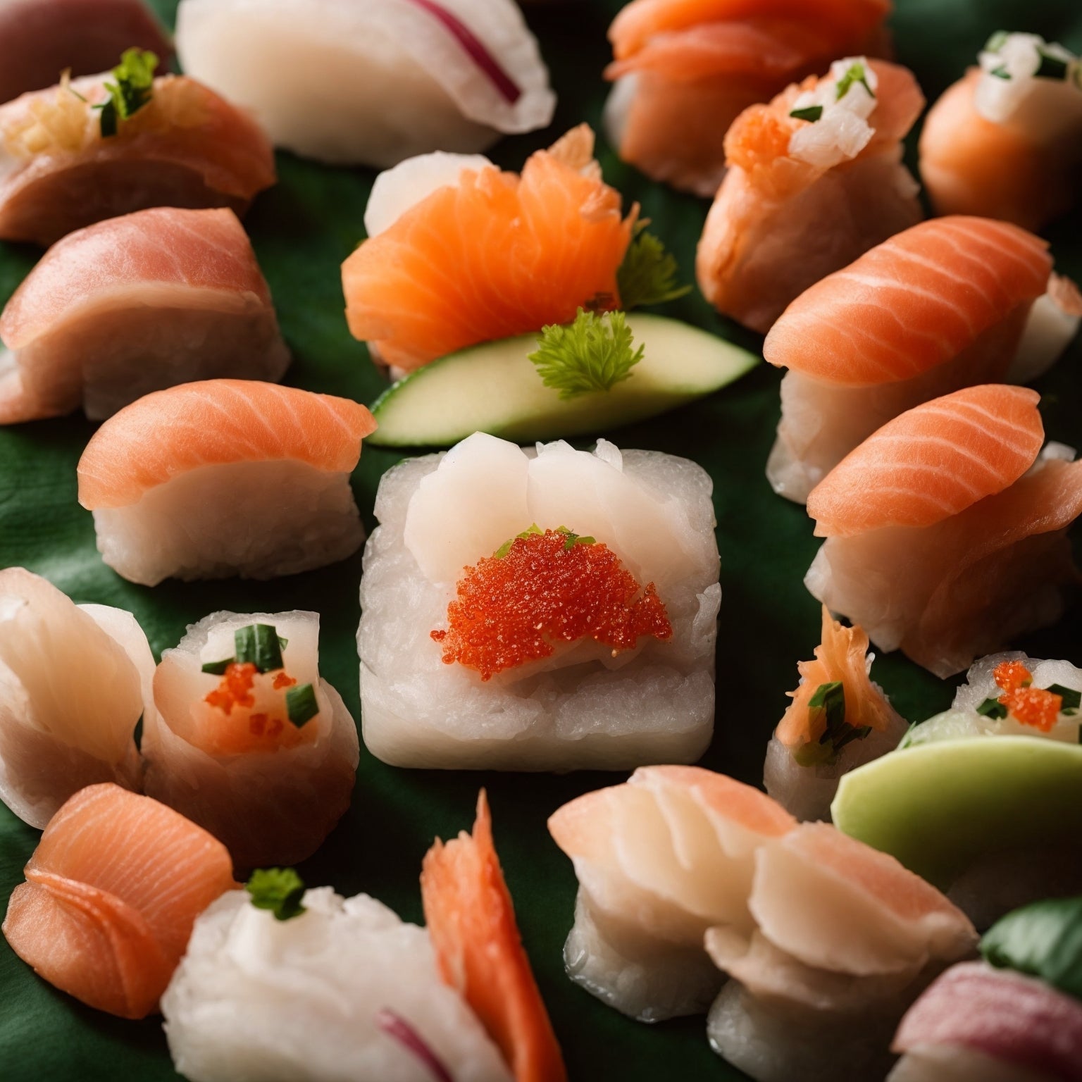 Geoduck nigiri sushi – thinly sliced ivory-white geoduck siphon over seasoned sushi rice, brushed with soy glaze and garnished with microgreens at a high-end sushi bar