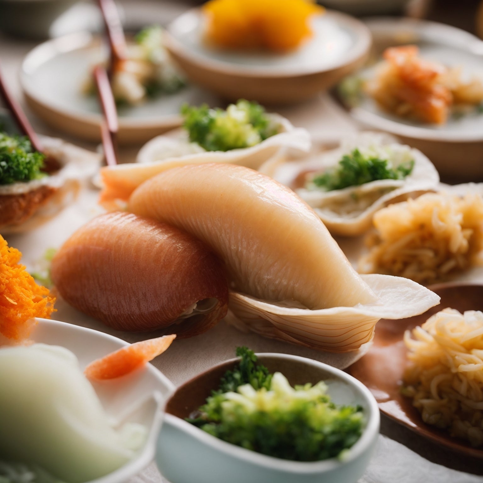 Thinly sliced geoduck sashimi served on a Japanese ceramic plate with soy sauce, wasabi, and ponzu – a prized delicacy in Asian fine dining