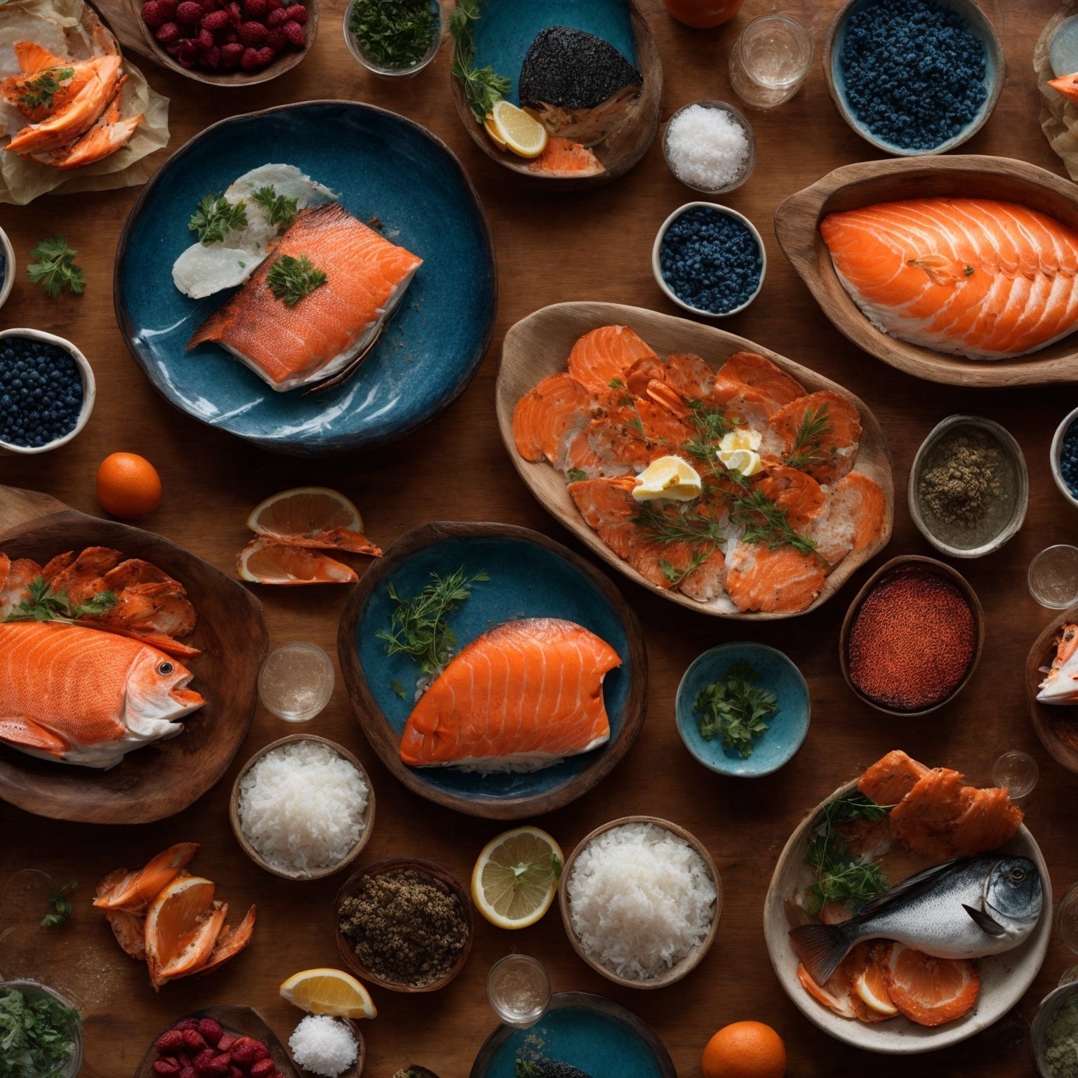 Assortment of fresh wild-caught sustainable seafood including salmon, crab, and prawns