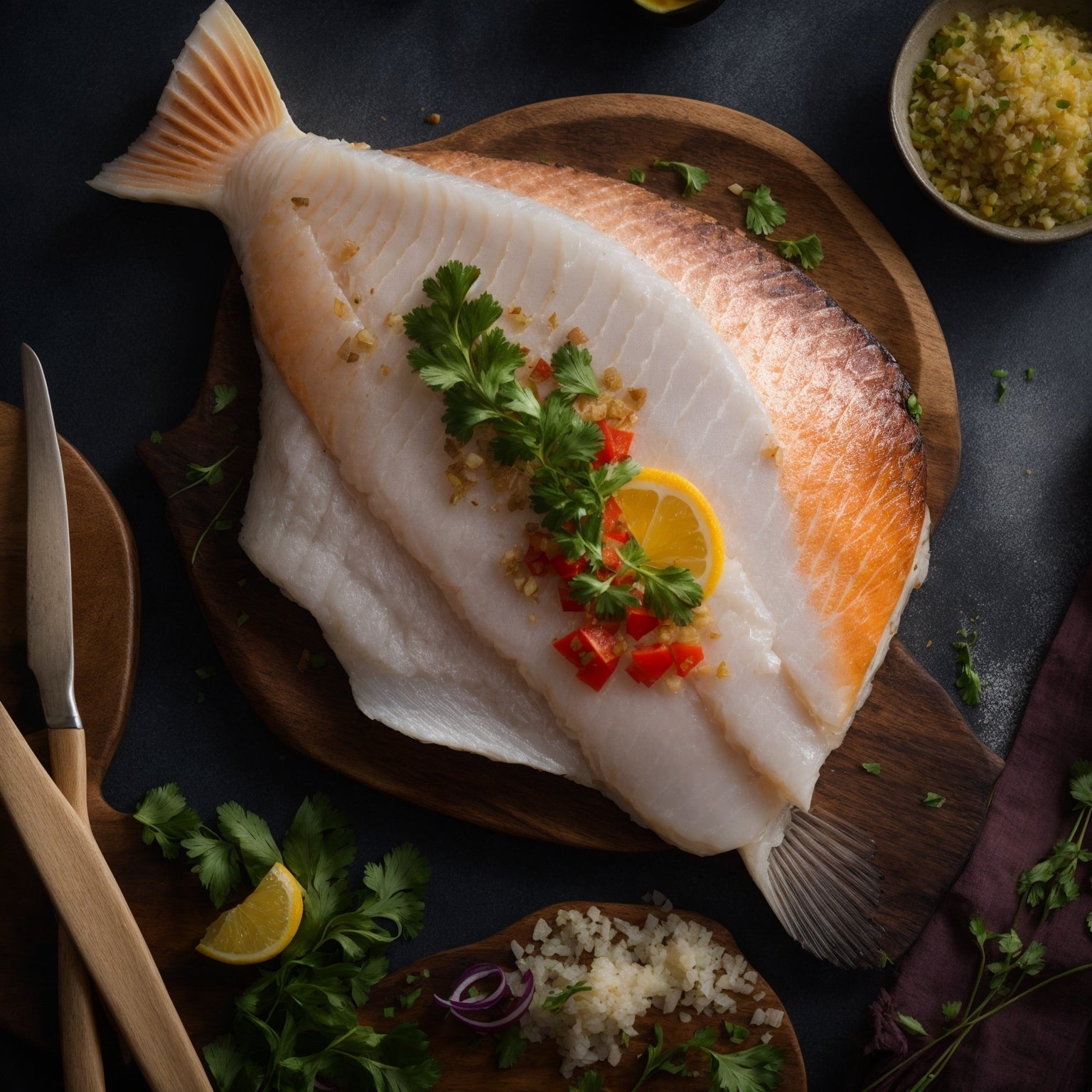 Wild-caught Alaskan halibut steaks and fillets on a wooden board with garlic, lemon, and fresh herbs