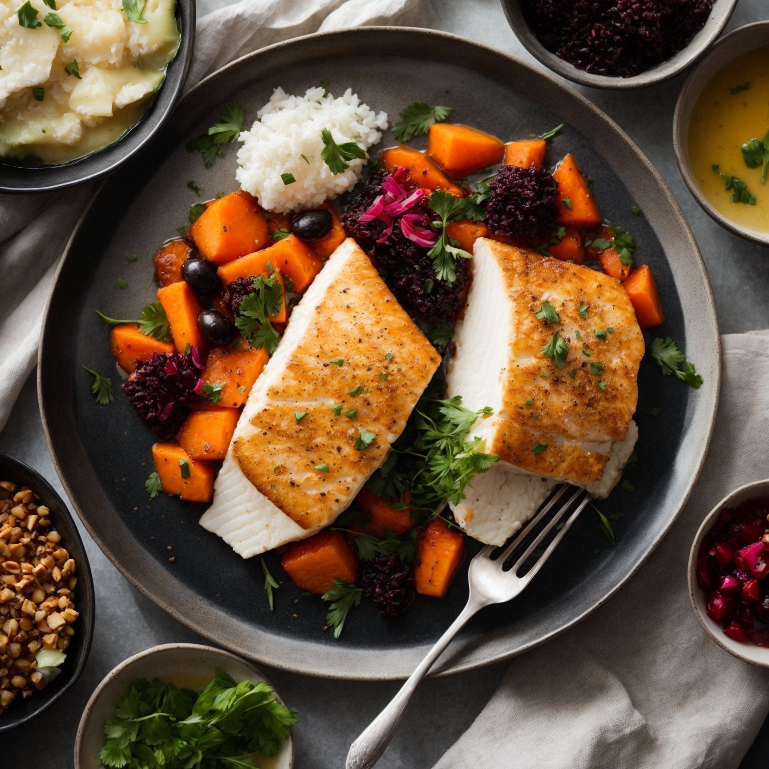 Fresh Pacific halibut fillet plated with lemon butter sauce and herbs