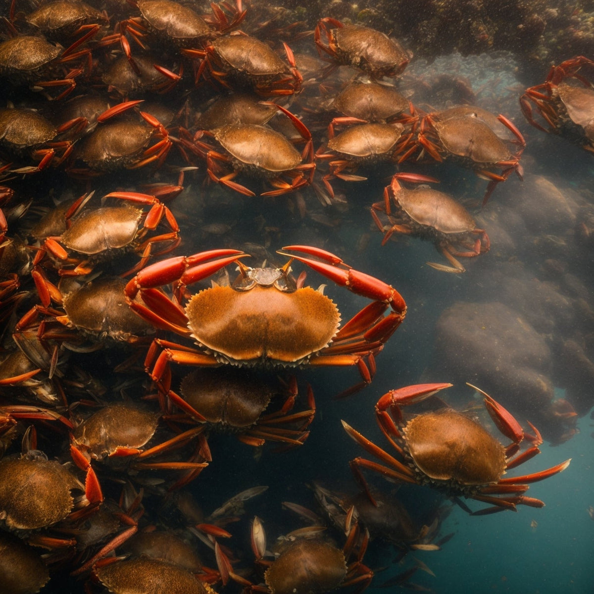 Dungeness crab crabbing guide – crab pot being retrieved from Pacific Northwest coastal waters with fresh-caught Dungeness crabs, showing the reddish-brown shell and broad carapace of Metacarcinus magister, the most prized crab on the West Coast