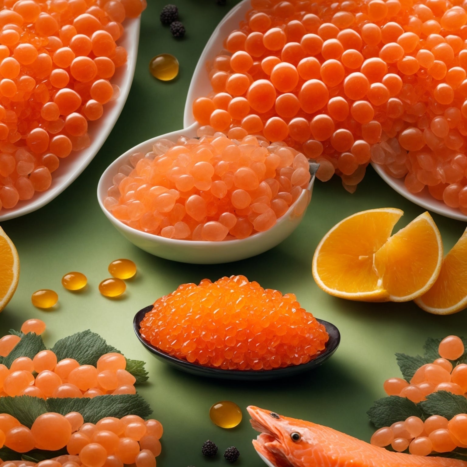 Elegant serving of orange salmon caviar on blinis with crème fraîche on a dark slate board