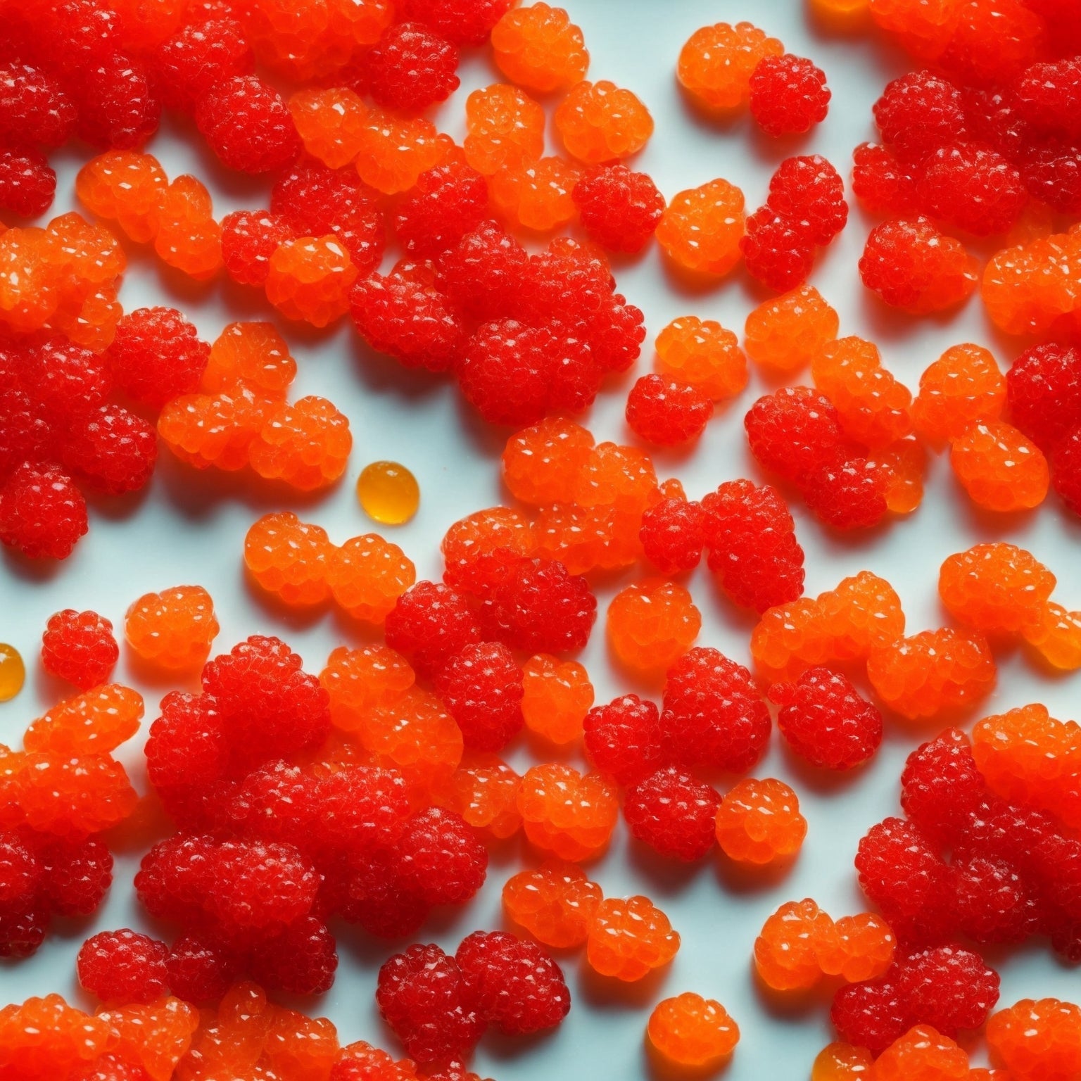 Vibrant orange ikura salmon roe served on a wooden board with sushi and garnishes