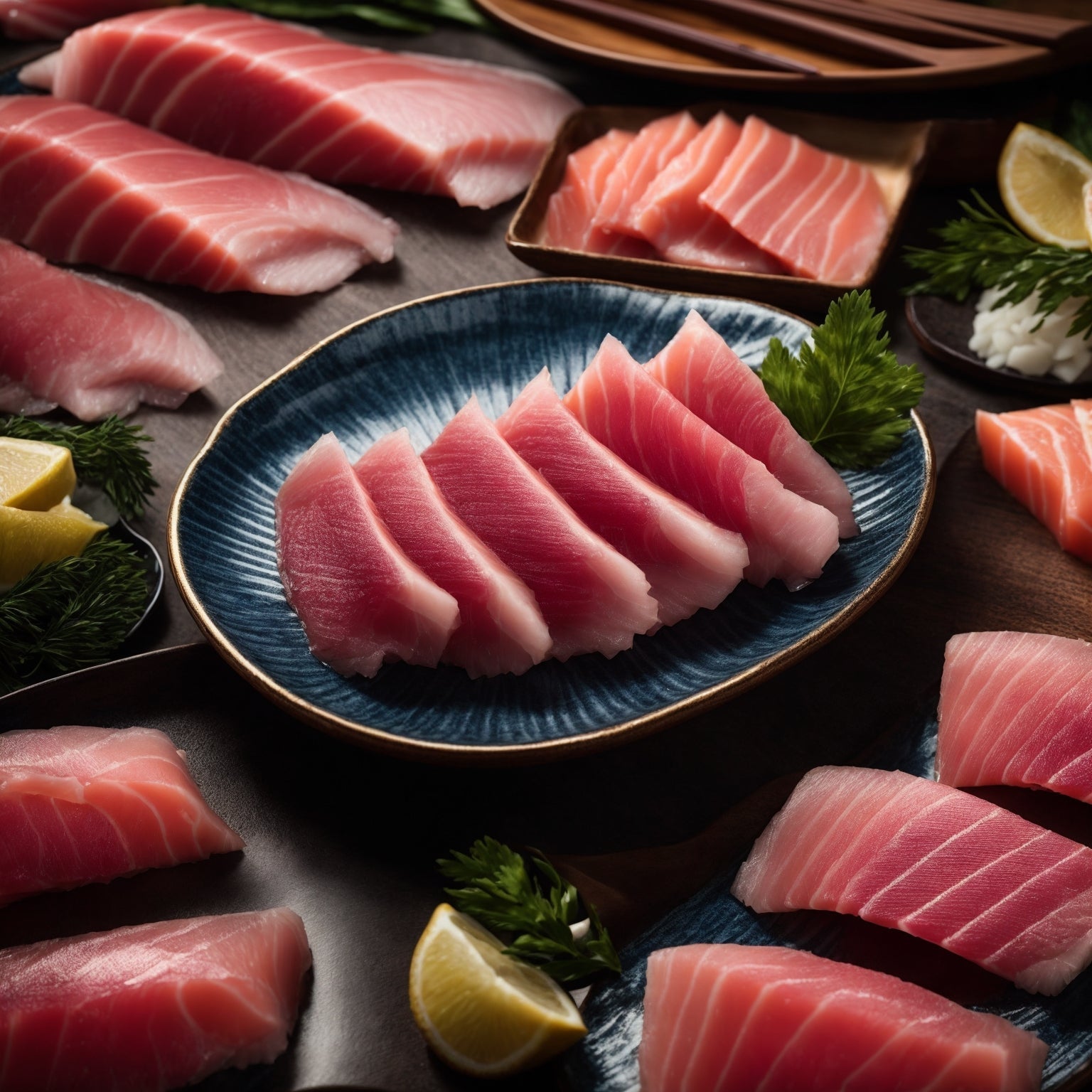 Sashimi-grade bluefin tuna loin on a wooden board with soy sauce, wasabi, pickled ginger, and a sharp sushi knife