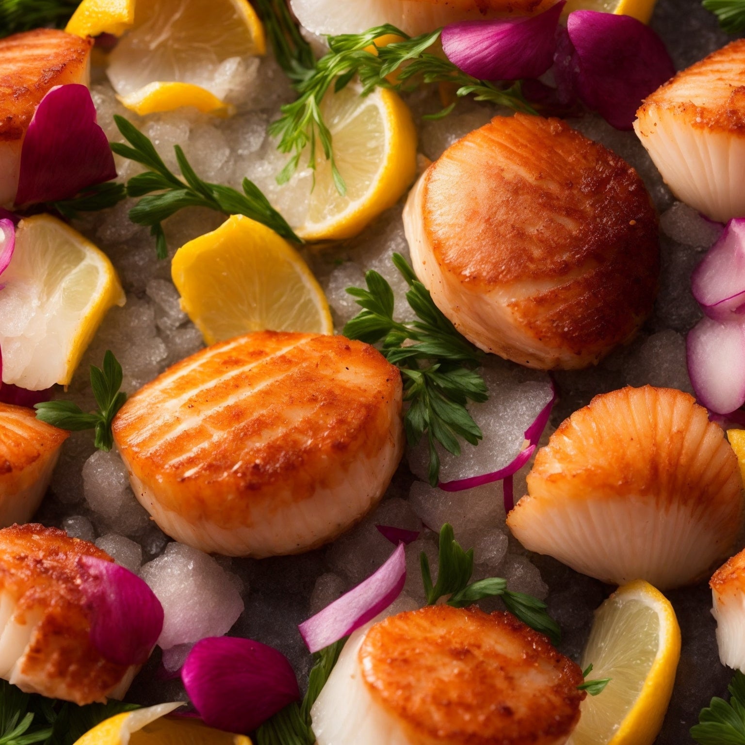 Jumbo sea scallops – fresh dry-packed scallops on ice next to a pan-seared scallop with golden crust, showing buying and cooking quality