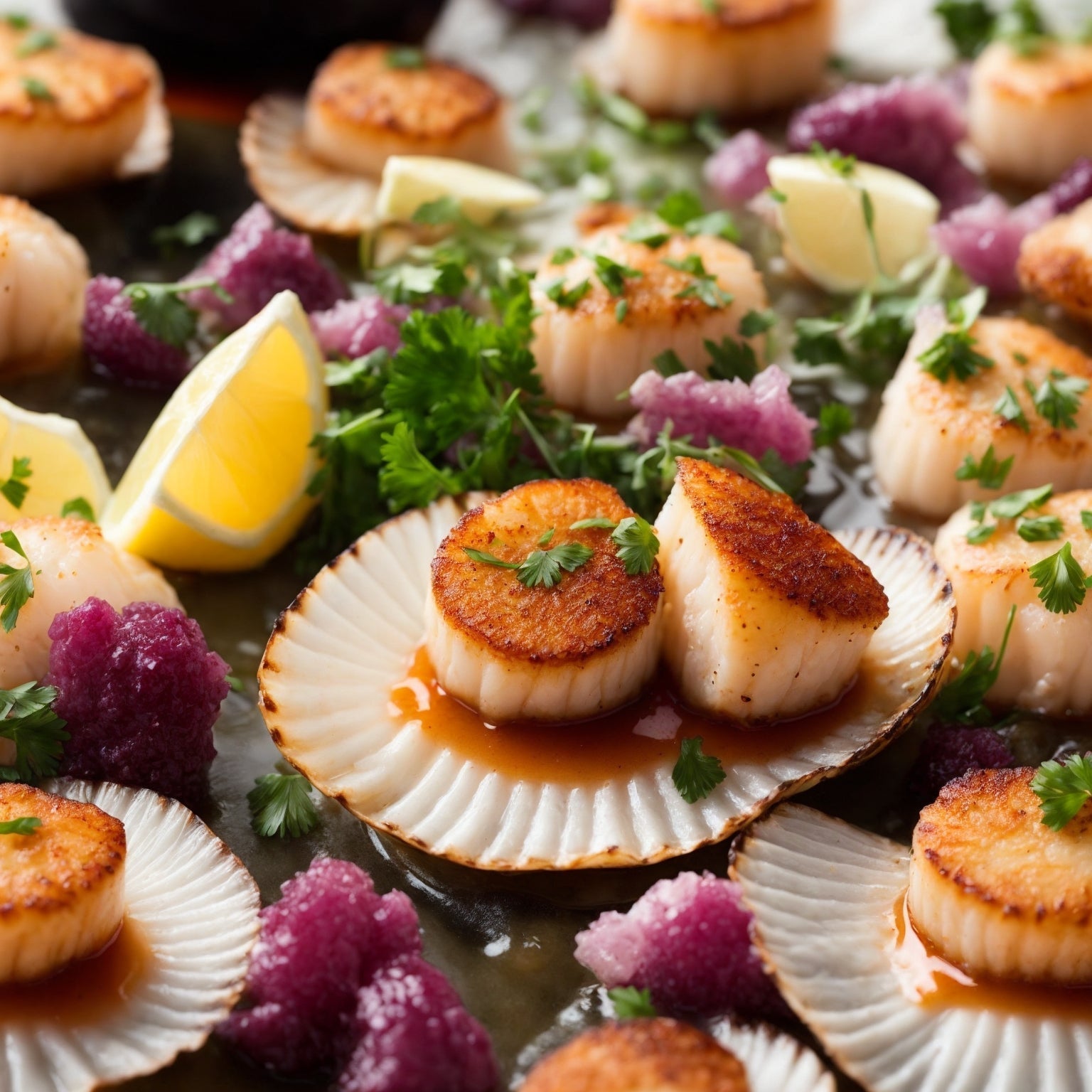 Jumbo sea scallops plated alongside a glass of white wine