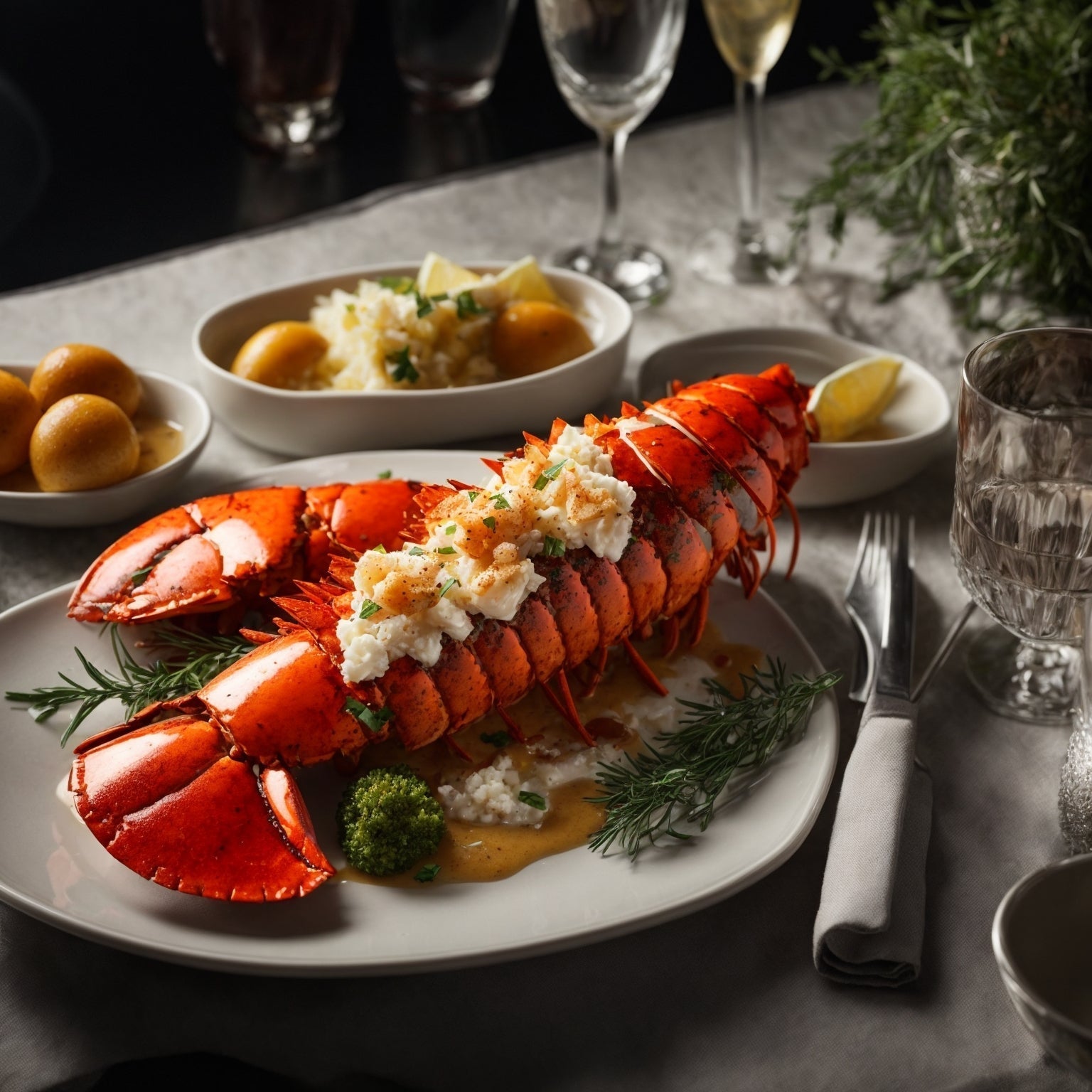 Cold-water lobster tail split and grilled with garlic butter, served on a white plate with lemon wedges