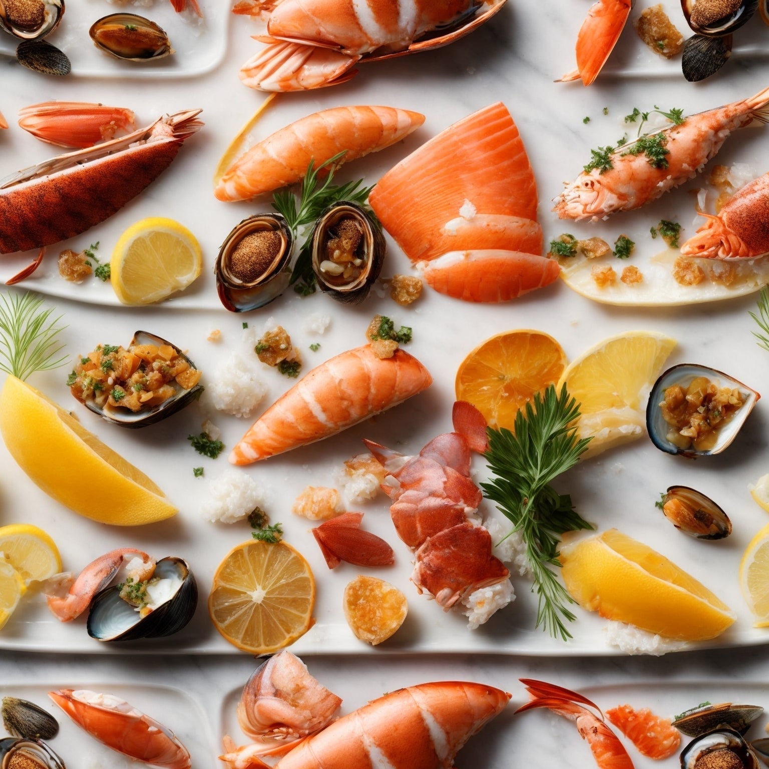 A luxurious exotic shellfish sampler spread — Maine lobster tail, Alaskan King Crab legs, Hokkaido scallops, and Mozambique tiger prawns arranged on a bed of ice with lemon wedges and fresh herbs