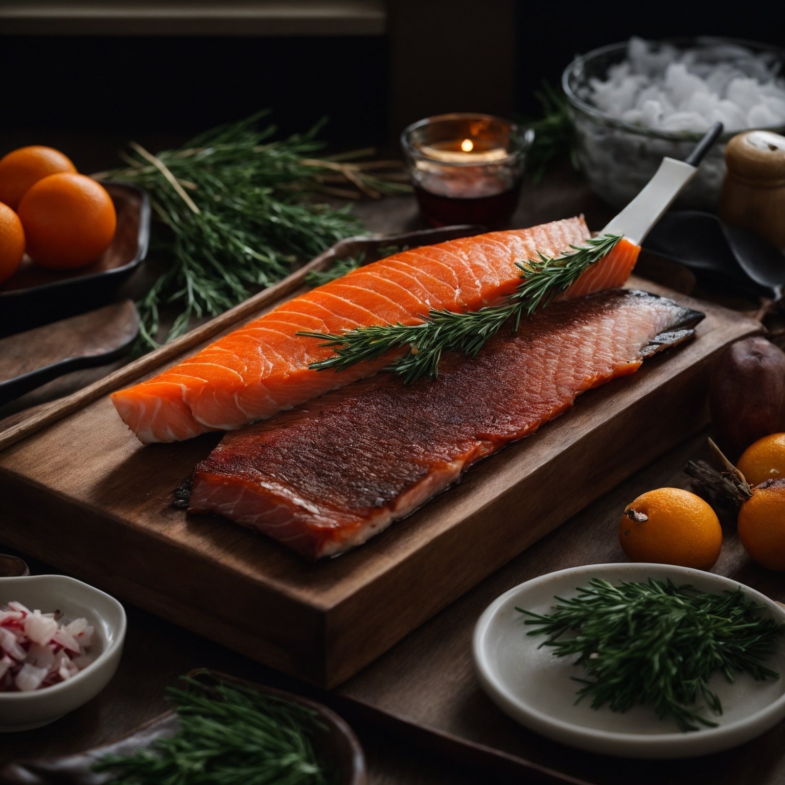 Whole fish resting on a wire rack inside a refrigerator during the dry aging process