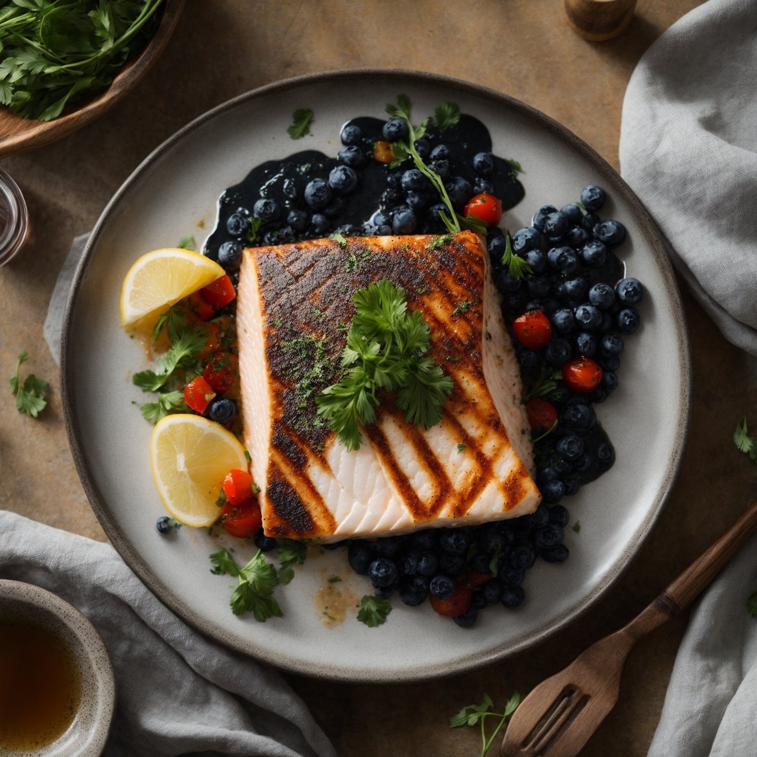 Fresh Pacific halibut fillet with white flaky flesh on a wooden board, garnished with lemon slices, fresh herbs, and cracked pepper