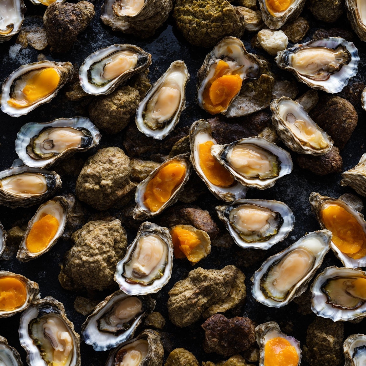 Cliff Point Petite Oysters on the half-shell served on ice with lemon wedges, mignonette sauce, and fresh herbs – a premium Pacific oyster delicacy