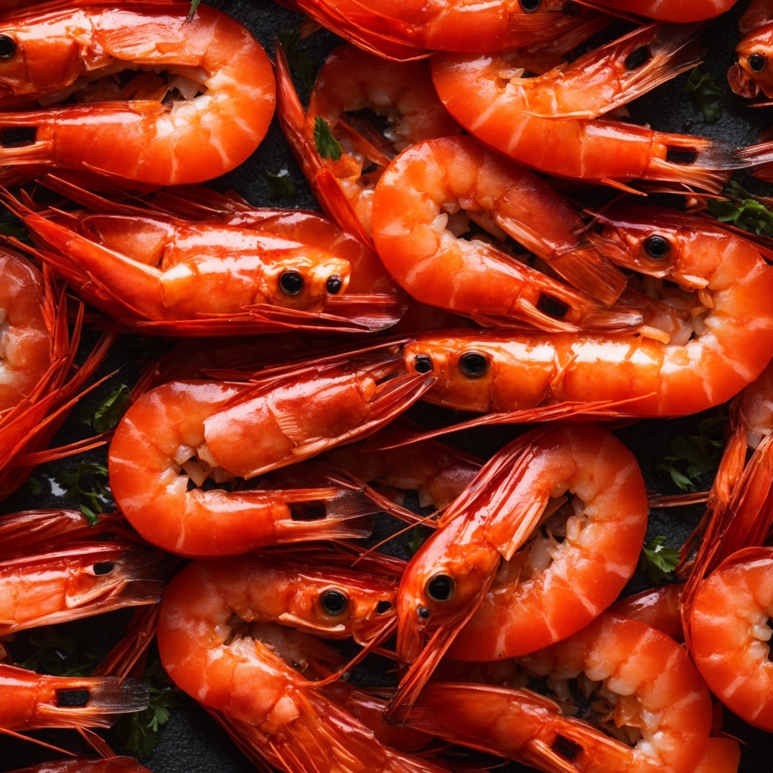 Fresh Washington spot shrimp with translucent red shells and white spots displayed on crushed ice with lemon and herbs
