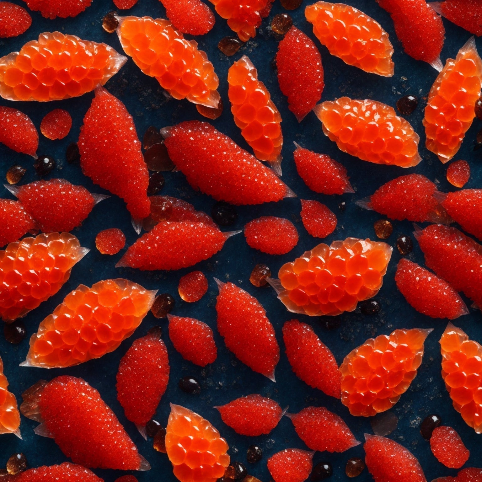 Vibrant orange-red salmon caviar pearls in a glass bowl beside fresh dill, blinis, and crème fraîche on a dark surface