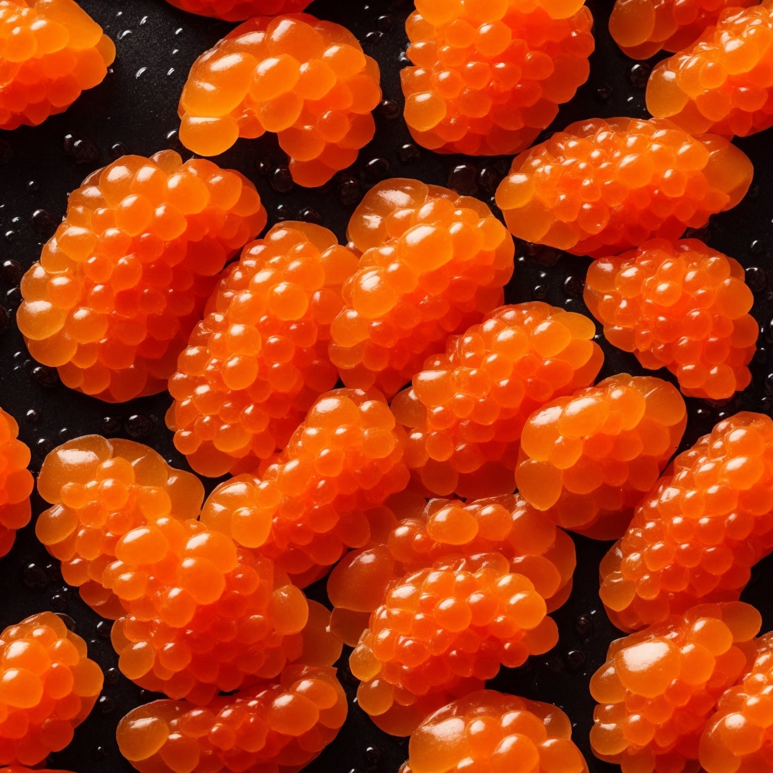 Close-up of vibrant orange salmon caviar in a glass jar surrounded by fresh herbs on a dark surface