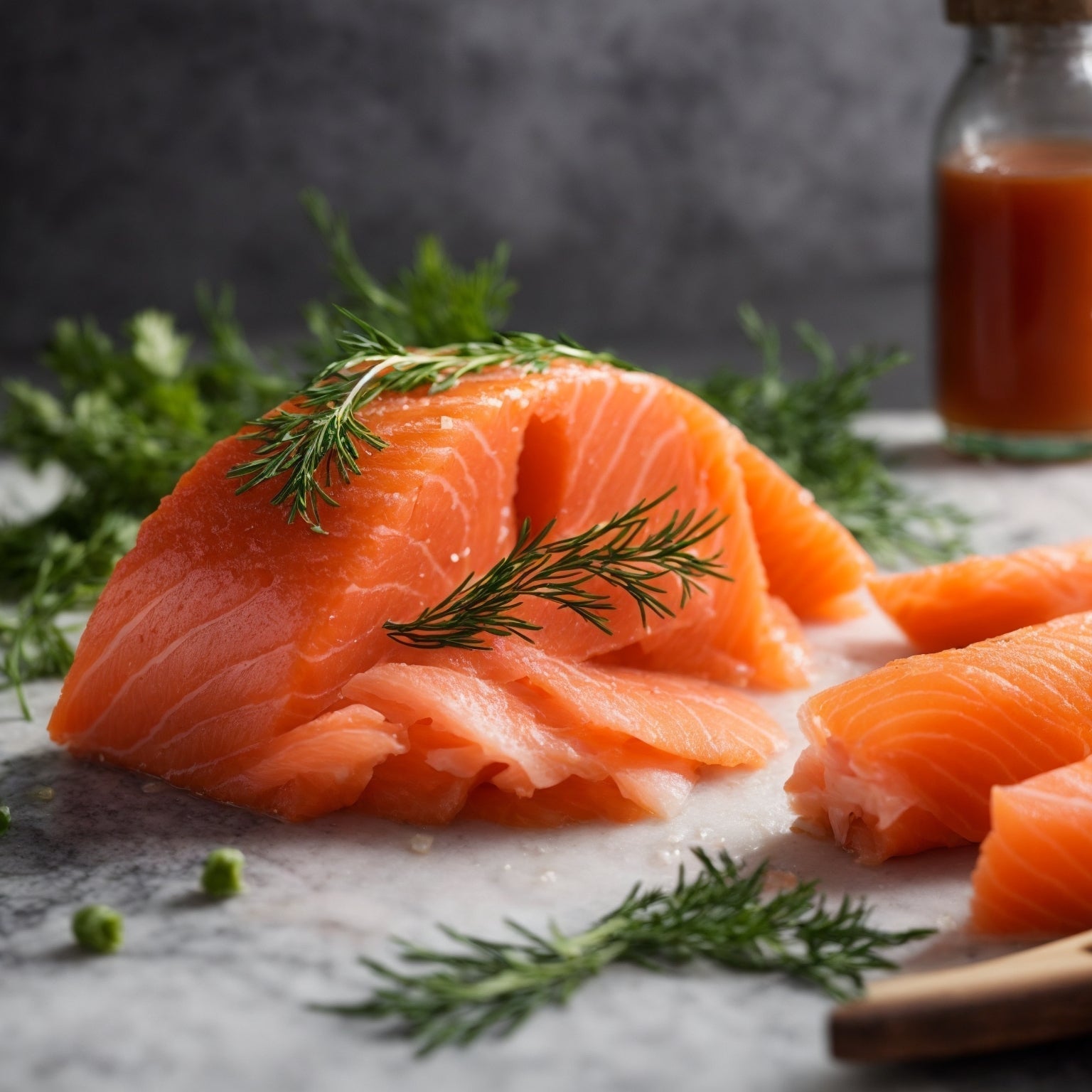 Homemade salmon lox thinly sliced on a wooden board with capers, dill, and lemon