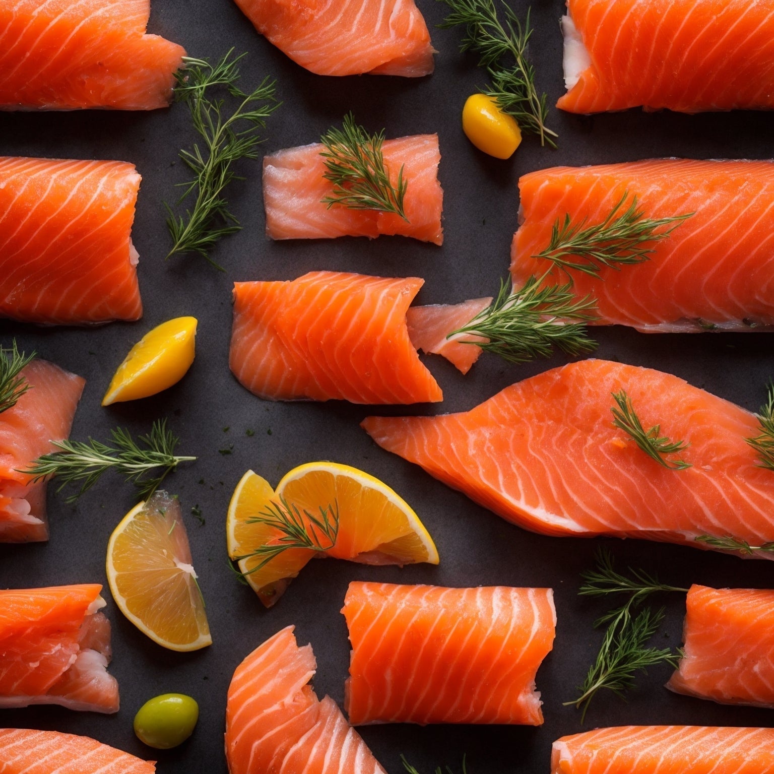 Thinly sliced salmon lox on a wooden board with capers, cream cheese, and fresh dill
