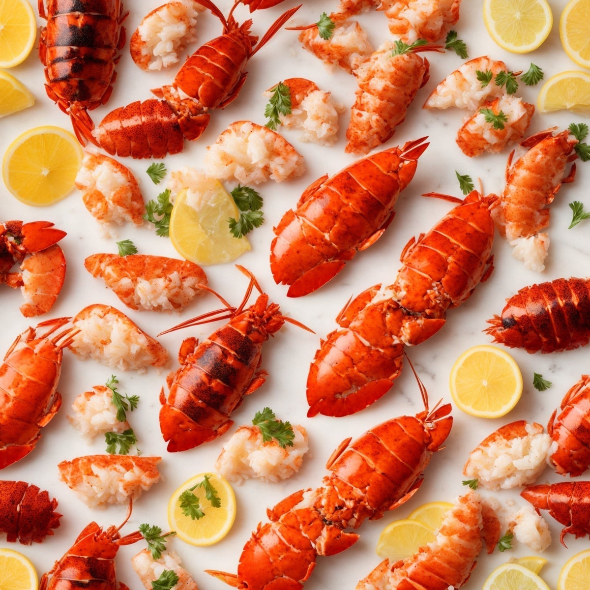 Grilled lobster tails split and butter-basted on a grill with lemon wedges and fresh herbs