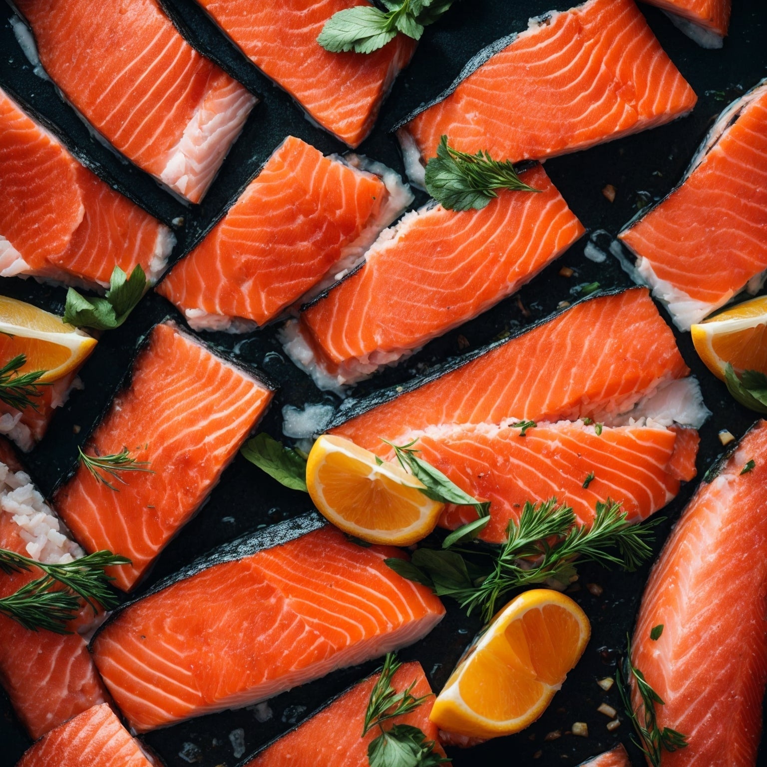 Five species of fresh wild Alaskan salmon fillets side by side — King, Sockeye, Coho, Pink, and Chum — showing the range of colors from deep red to light pink, representing the full spectrum of wild Pacific salmon