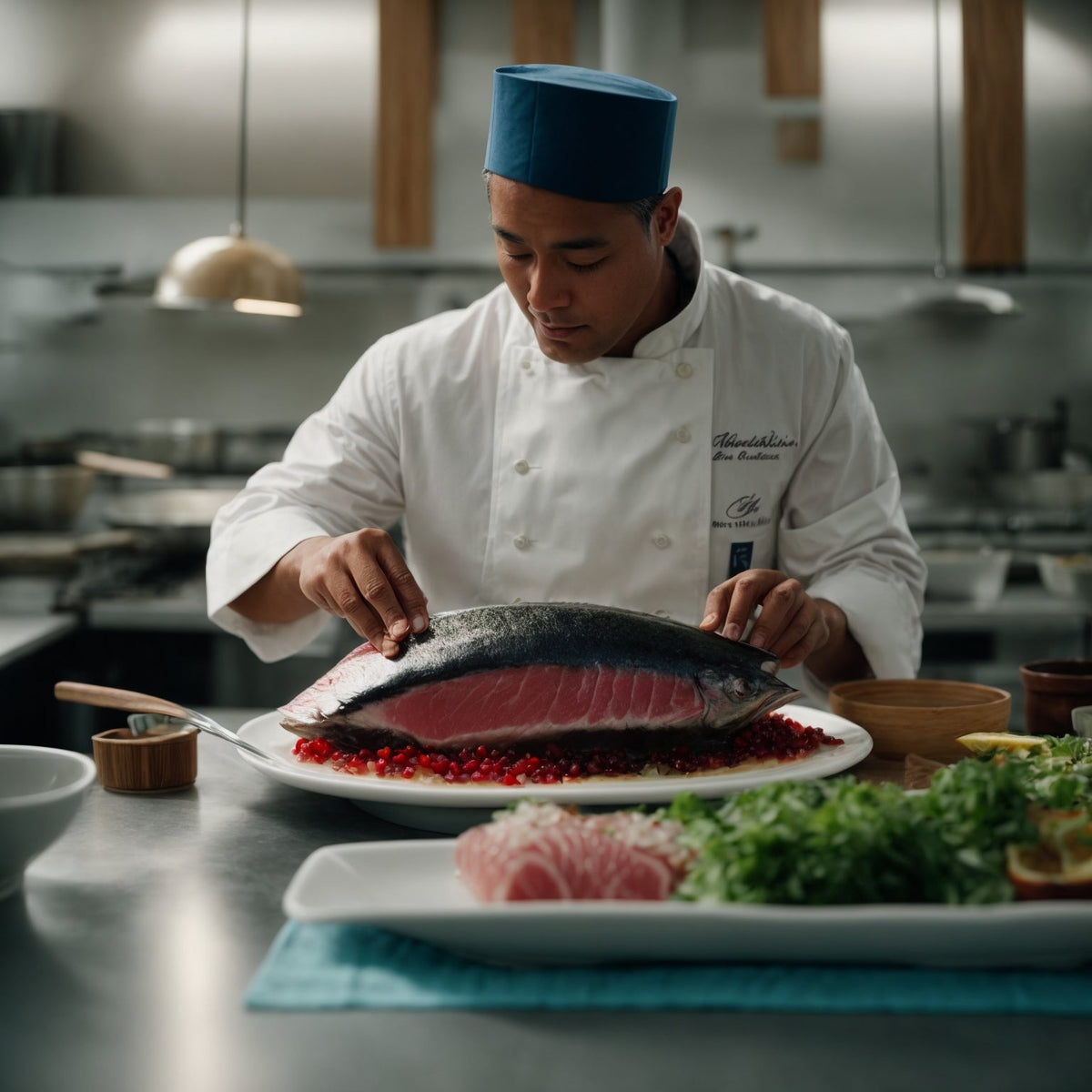 Four ways to enjoy bluefin tuna – otoro nigiri sushi, tuna tartare with avocado and sesame, grilled bluefin steak medium-rare, and tataki with ponzu sauce and daikon