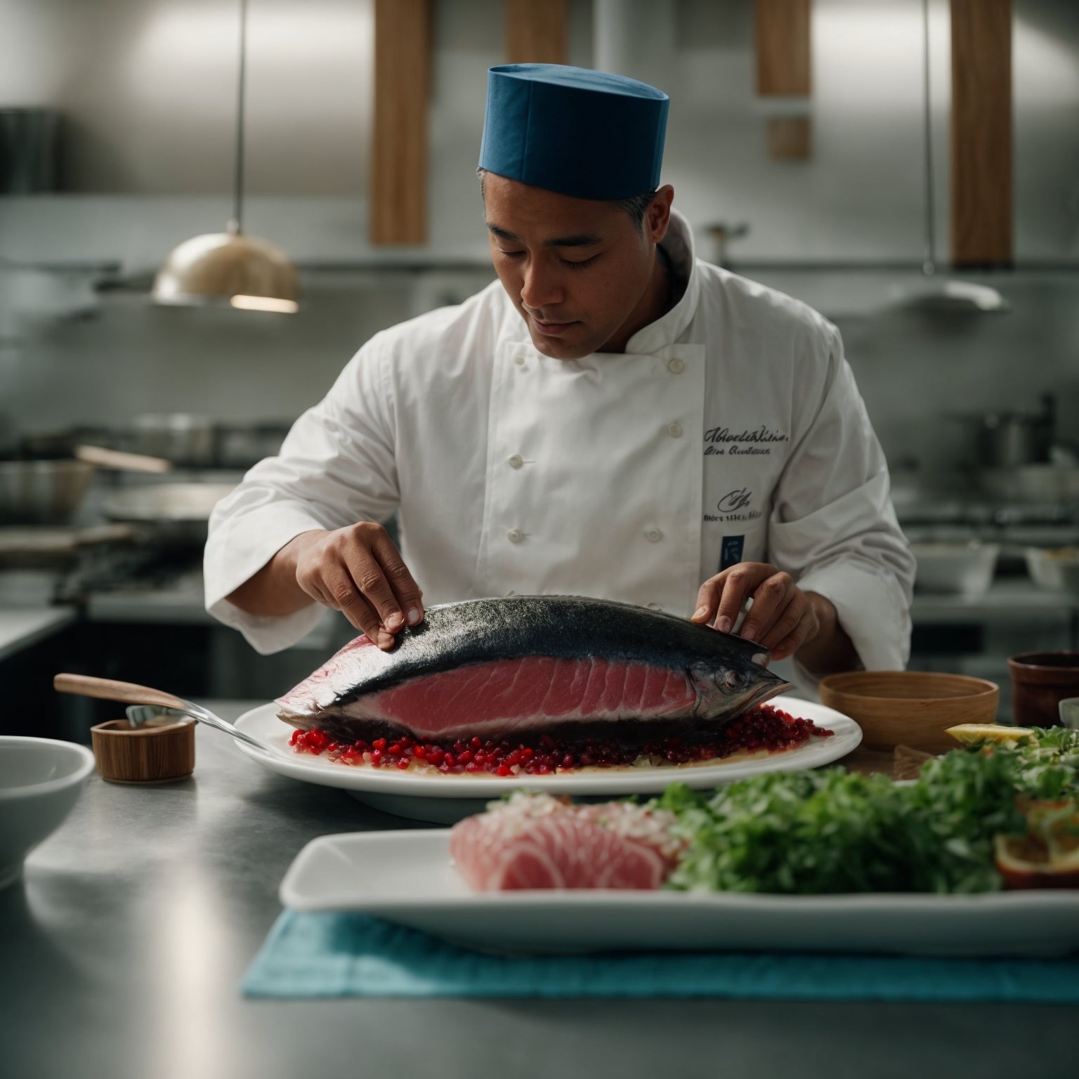 Four ways to enjoy bluefin tuna – otoro nigiri sushi, tuna tartare with avocado and sesame, grilled bluefin steak medium-rare, and tataki with ponzu sauce and daikon