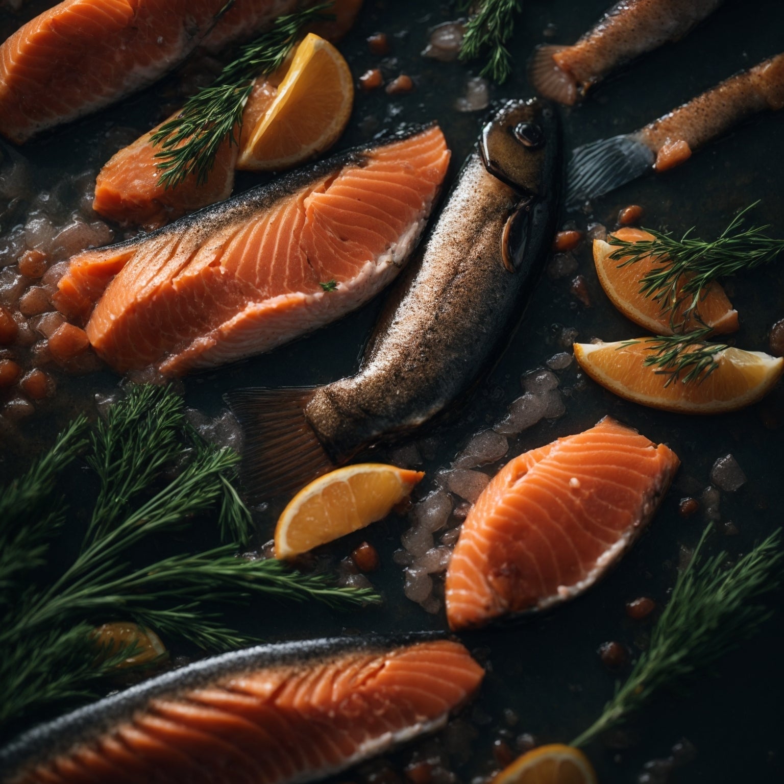 Pan-seared Atlantic salmon fillet with crispy golden skin served with roasted asparagus and lemon slices on a white plate
