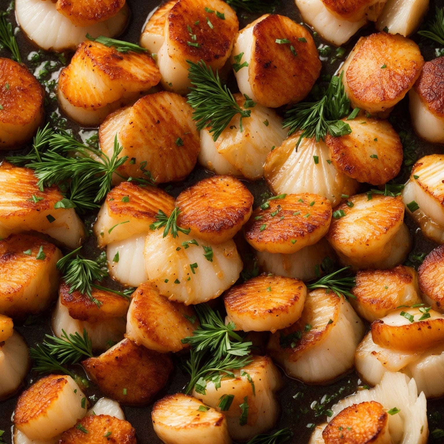Golden seared jumbo sea scallops in a cast-iron skillet with butter and fresh herbs