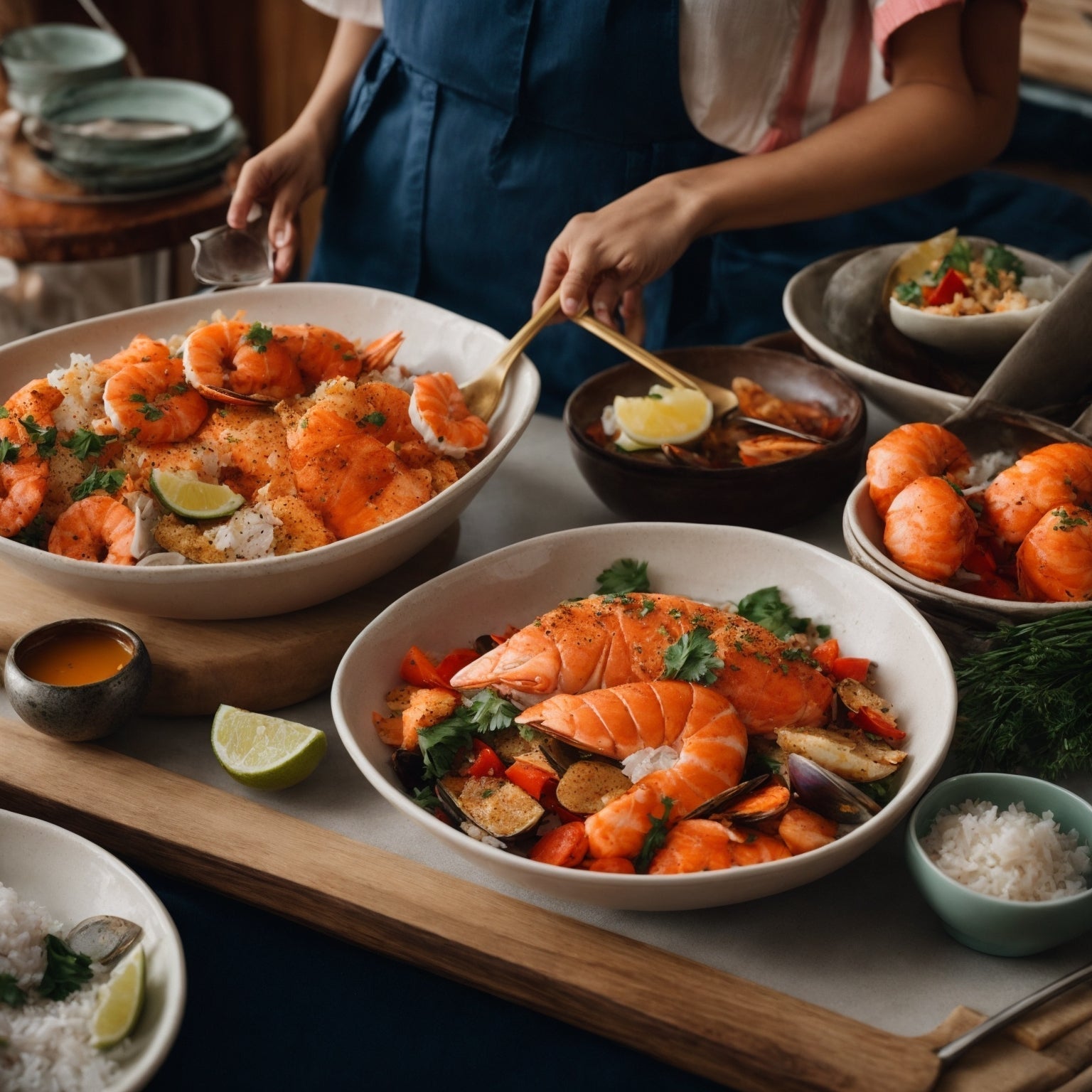 Nutritious wild-caught seafood spread including salmon fillets, king crab legs, halibut, and tuna steaks rich in omega-3 fatty acids and lean protein