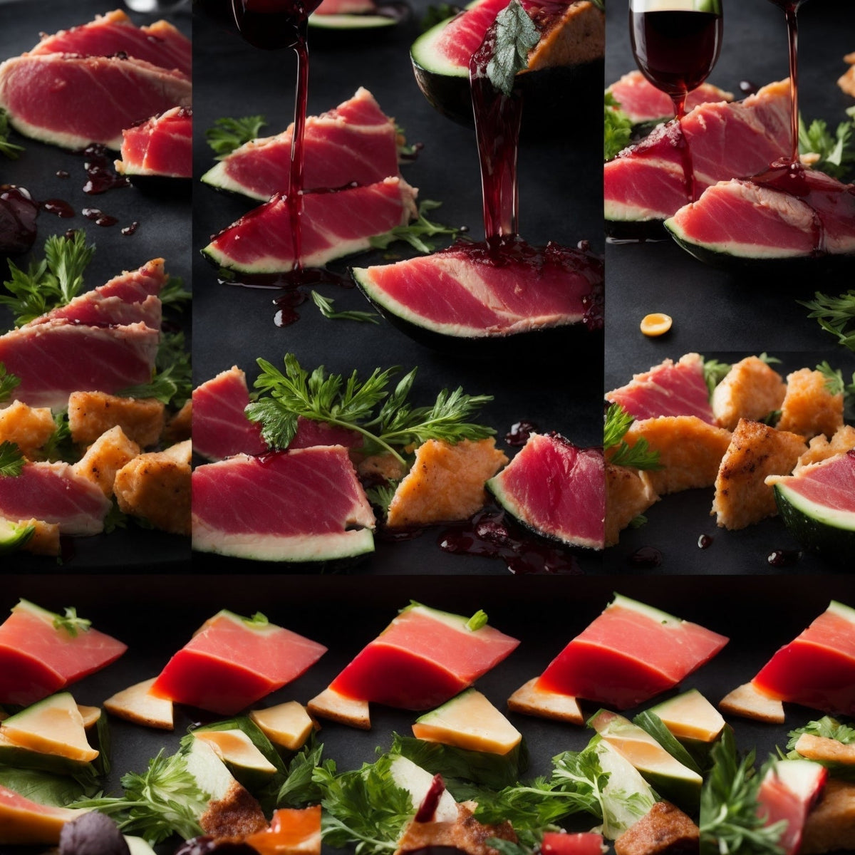 Sliced cold-smoked tuna on a wooden board with wine glasses, capers, lemon, and fresh herbs for a wine pairing spread