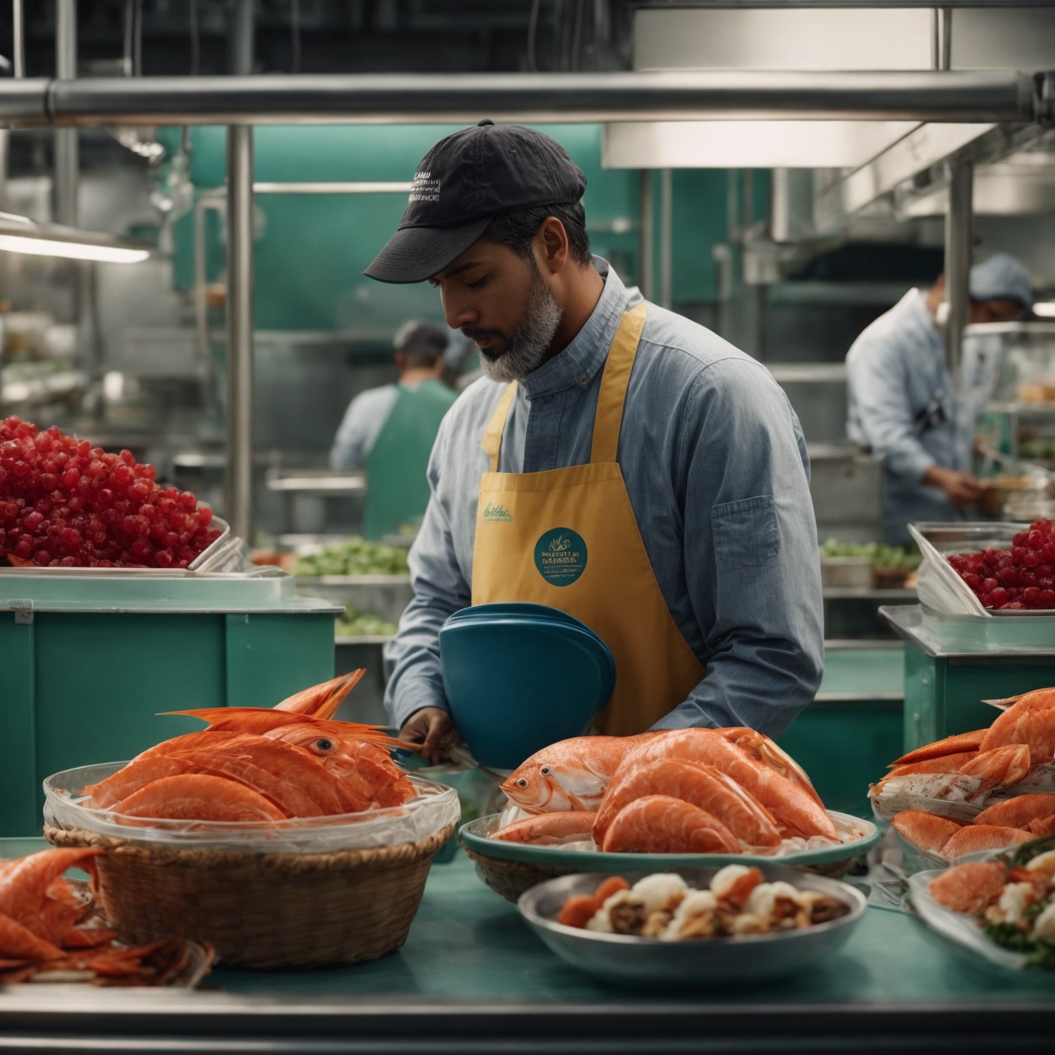 Wild-caught sustainable seafood selection including Alaskan salmon, king crab, and shrimp on a bed of ice