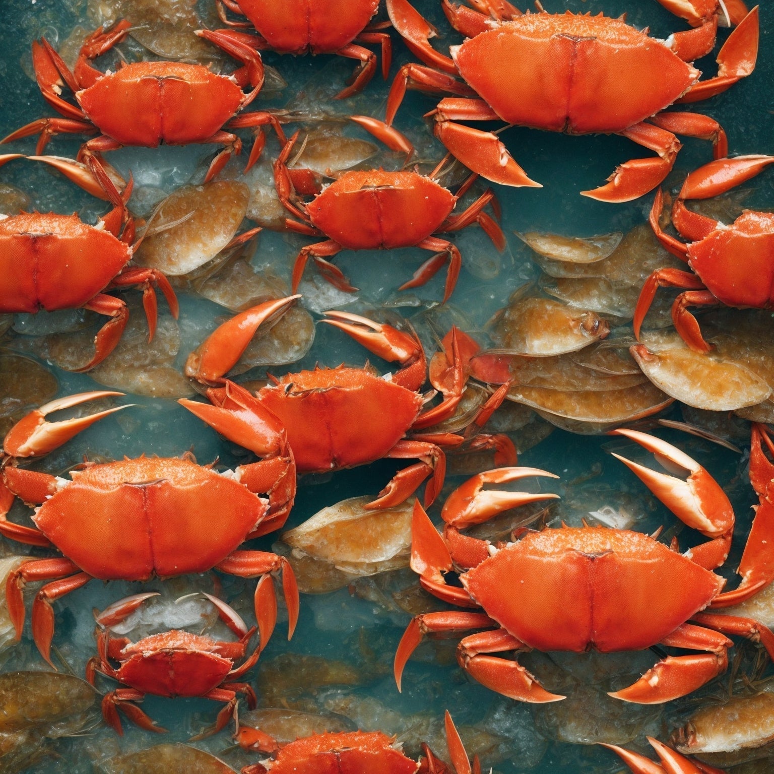 Dungeness crab clusters from the Pacific Northwest – wild-caught, sustainably harvested, showing the reddish-brown shell and succulent sweet meat, served steamed with melted garlic butter and lemon wedges
