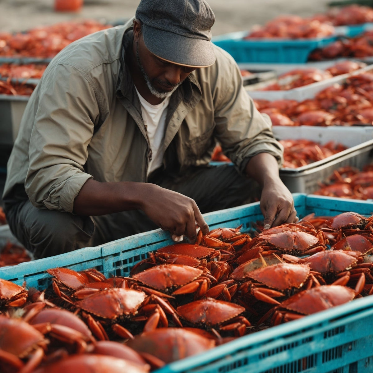 Crab picking guide – hands using a seafood cracker and pick to extract lump meat from a cooked Dungeness crab cluster, showing the step-by-step technique for removing legs, cracking claws, and picking body meat from the Pacific Northwest wild-caught crab