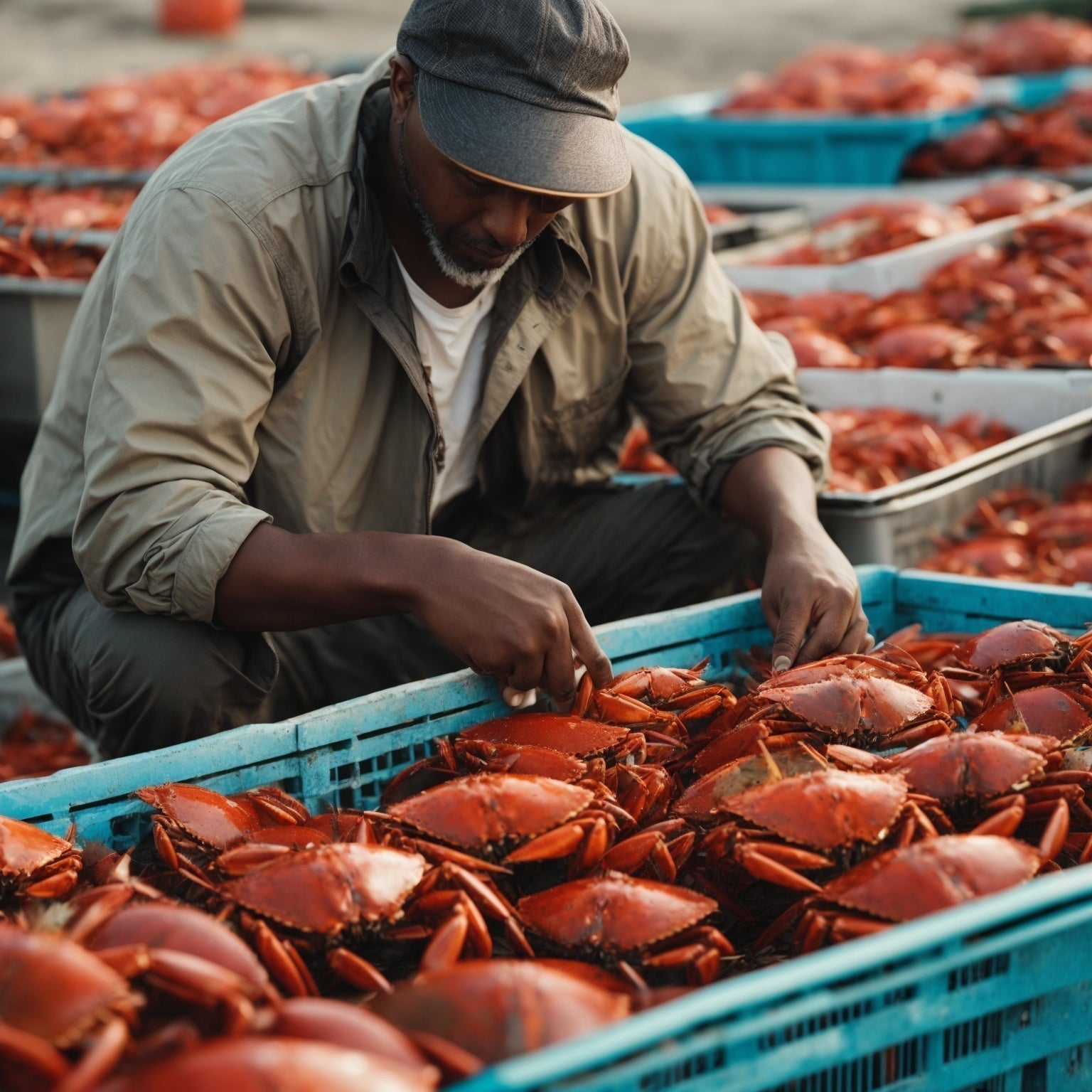 Crab picking guide – hands using a seafood cracker and pick to extract lump meat from a cooked Dungeness crab cluster, showing the step-by-step technique for removing legs, cracking claws, and picking body meat from the Pacific Northwest wild-caught crab