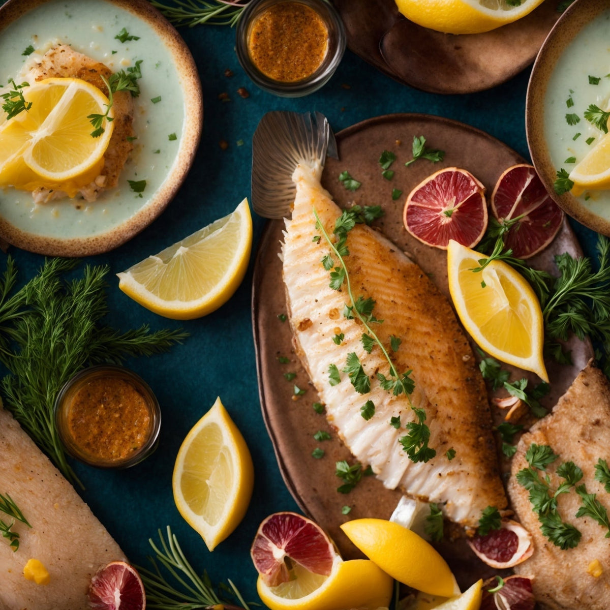 Pan-seared Dover sole fillet with lemon butter sauce, capers, and fresh parsley on a white plate