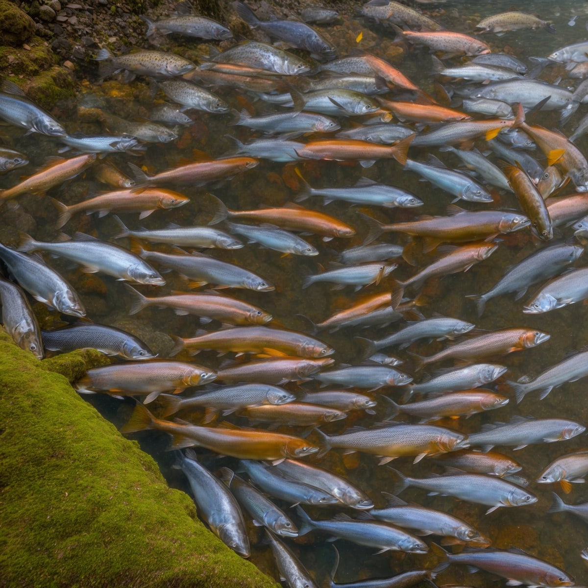 Wild Columbia River steelhead trout showing its distinctive silver flanks and pink lateral stripe, photographed in clear river water before release