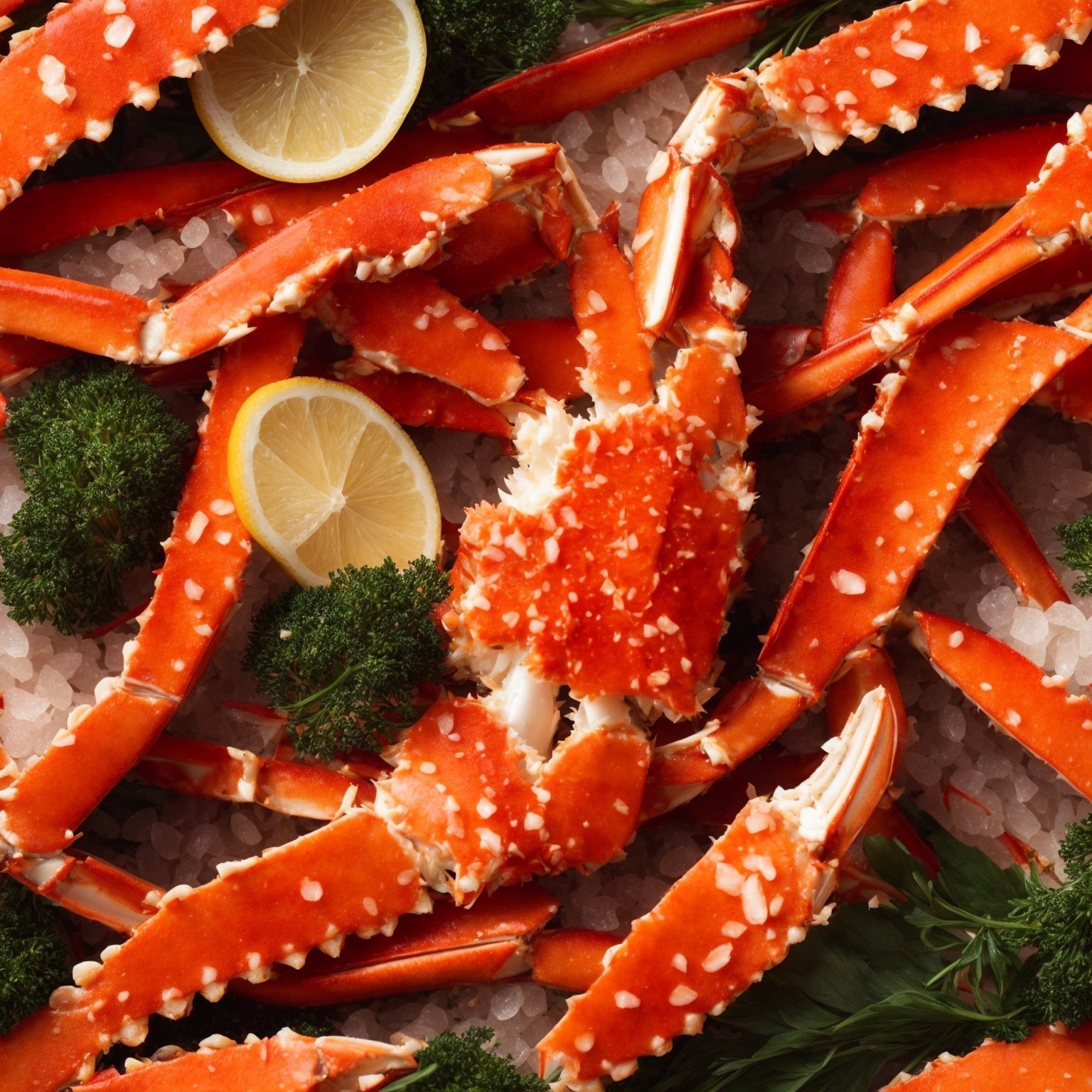 Jumbo Alaskan King Crab legs on a platter with garlic butter and lemon
