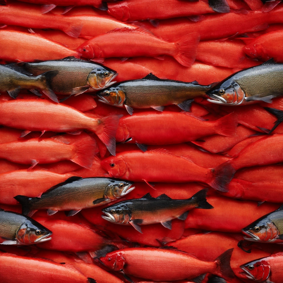 Wild Alaskan Sockeye Salmon fillet showing the deep red flesh characteristic of sockeye, resting on a wooden board with fresh herbs