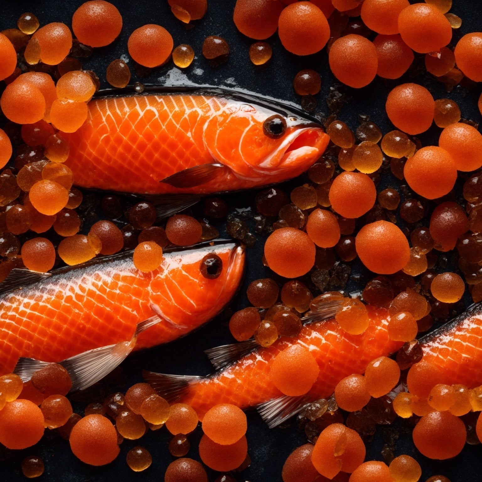 Glistening orange-red salmon caviar pearls in a glass jar on a dark slate surface