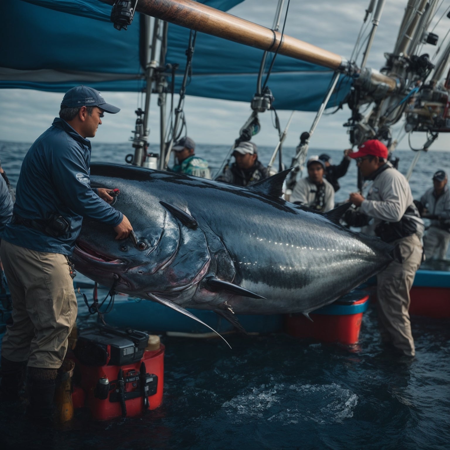 Sport fishing for Atlantic bluefin tuna – angler fighting a massive tuna from a deep-sea charter boat, with heavy-duty rod, high-capacity reel, and fighting harness in open ocean waters