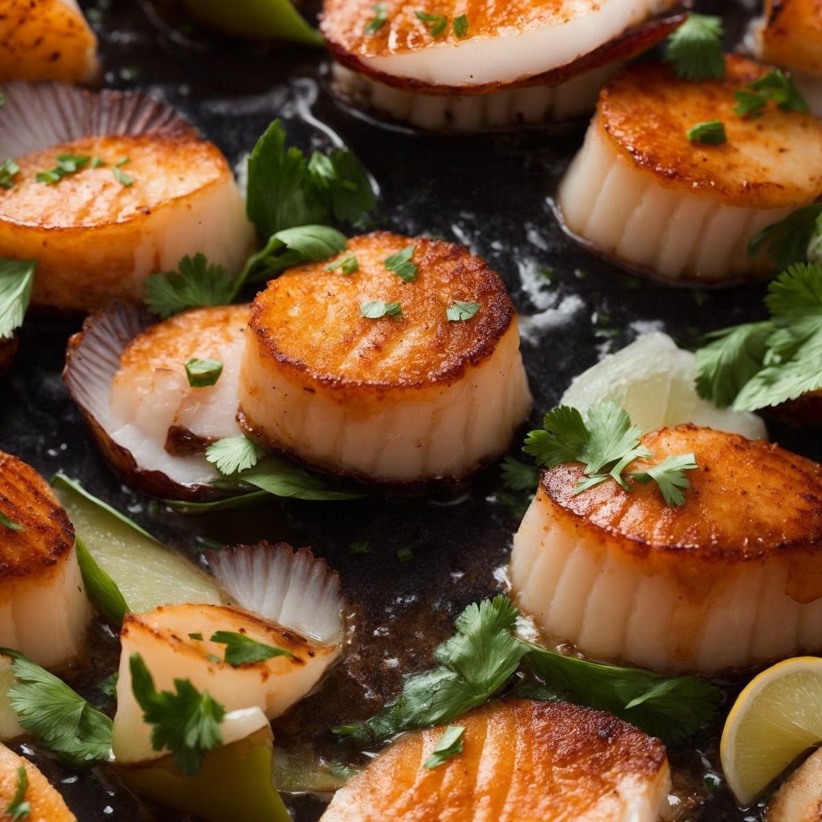 Perfectly seared jumbo sea scallops with golden crust in a cast iron pan