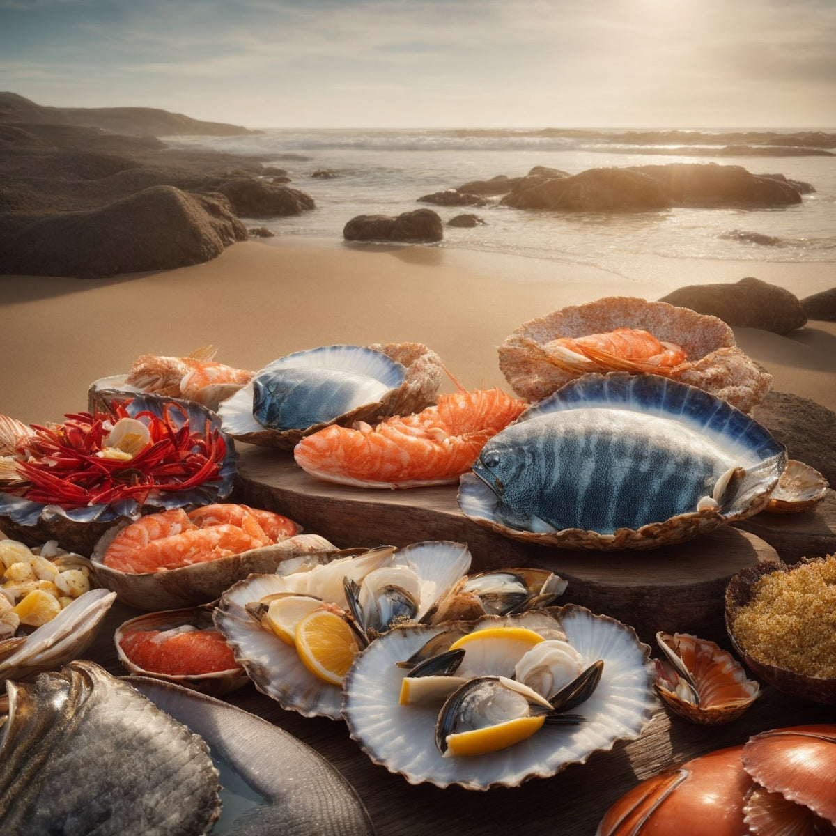 Premium exotic shellfish platter featuring king crab legs, lobster tails, oysters, and mussels from Global Seafoods