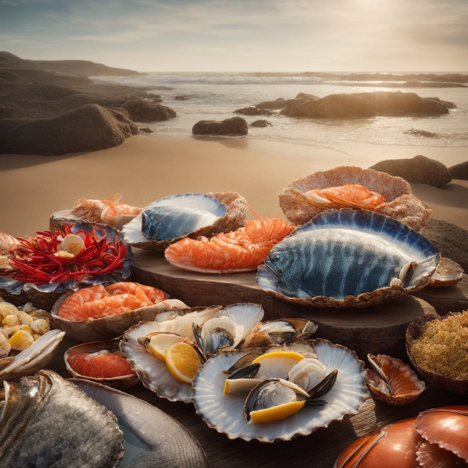 Premium exotic shellfish platter featuring king crab legs, lobster tails, oysters, and mussels from Global Seafoods